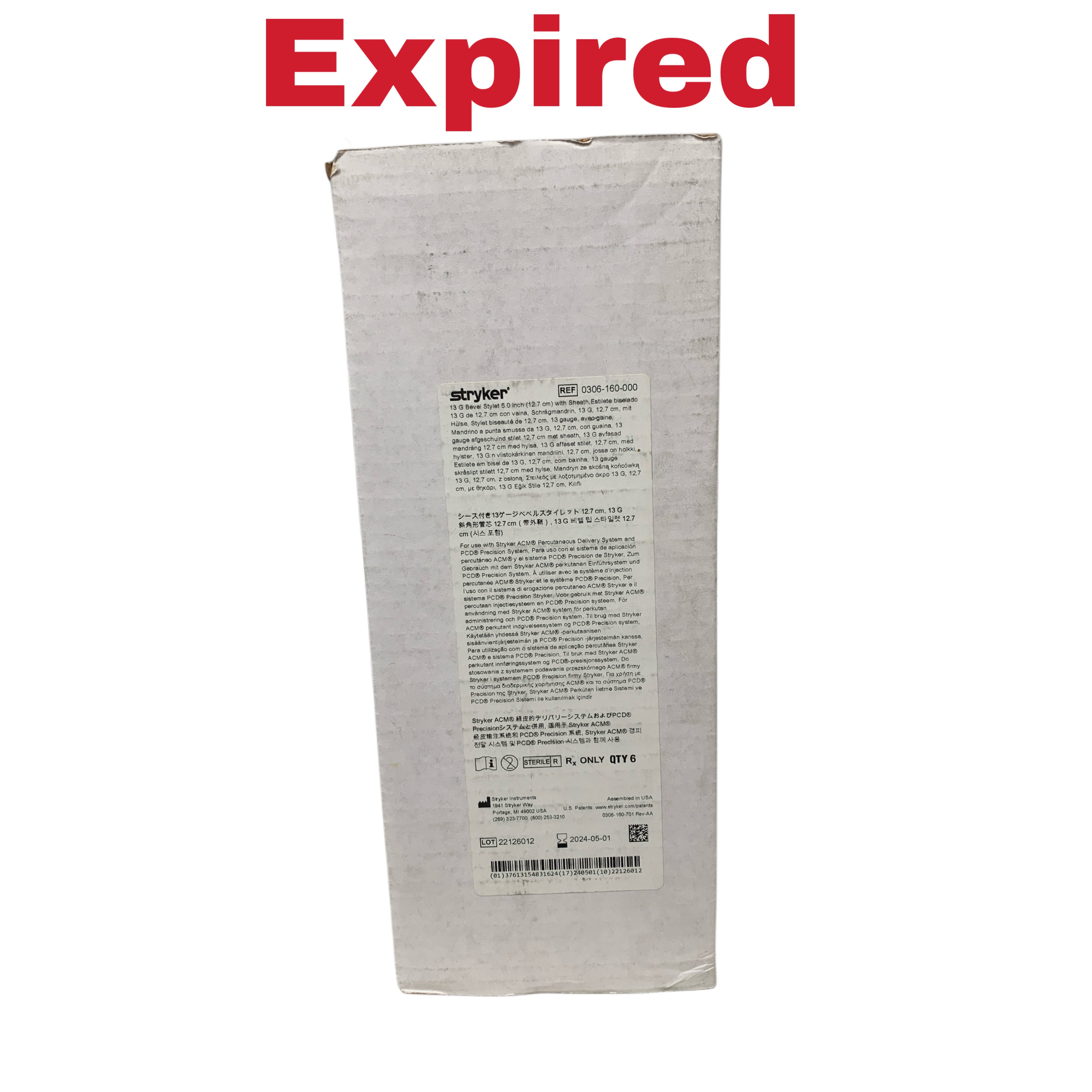 STRYKER REF 0306-160-000 Bevel Stylet with Sheath 13G 5 Inch 12.7 cm for ACM Percutaneous Delivery System Box of 6 Exp 2024 05