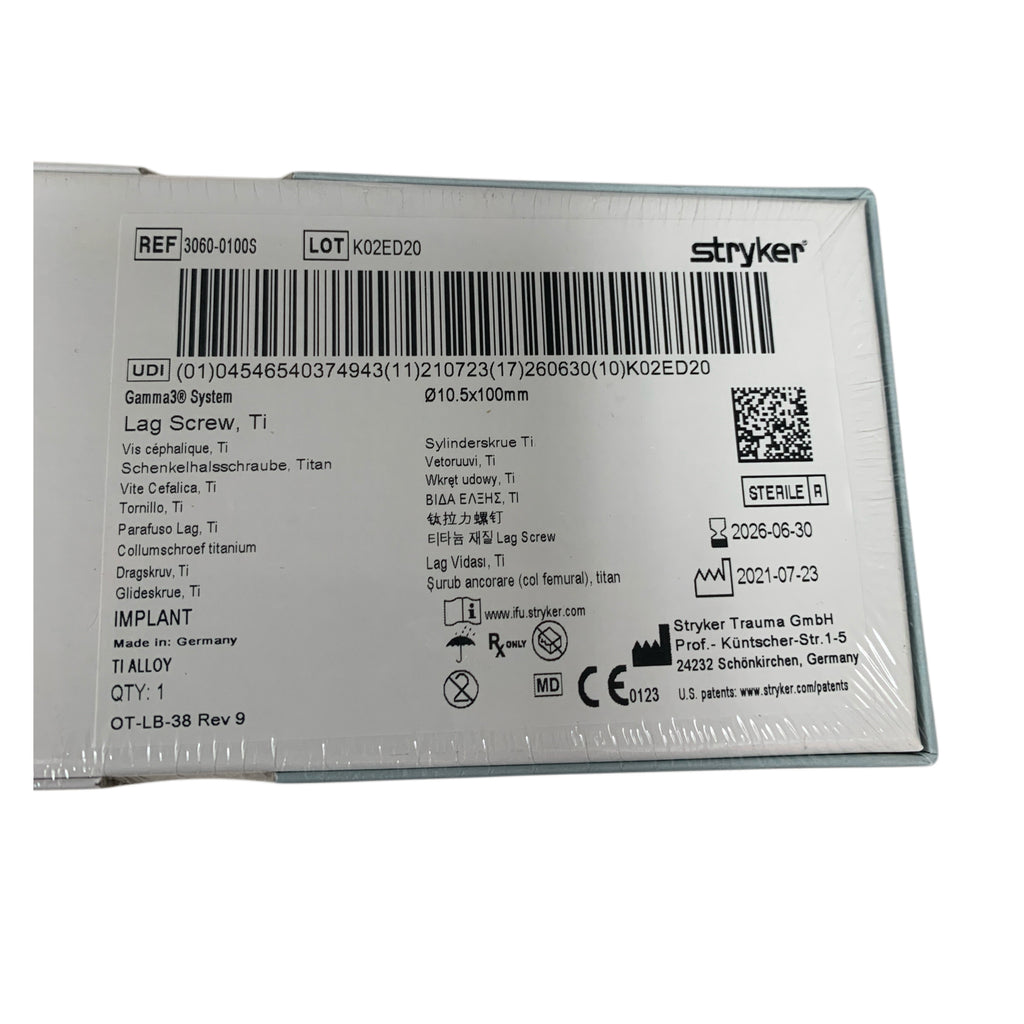 STRYKER 3060-0100S Gamma3 System Lag Screw Ti 10.5x100mm Exp 2026 06
