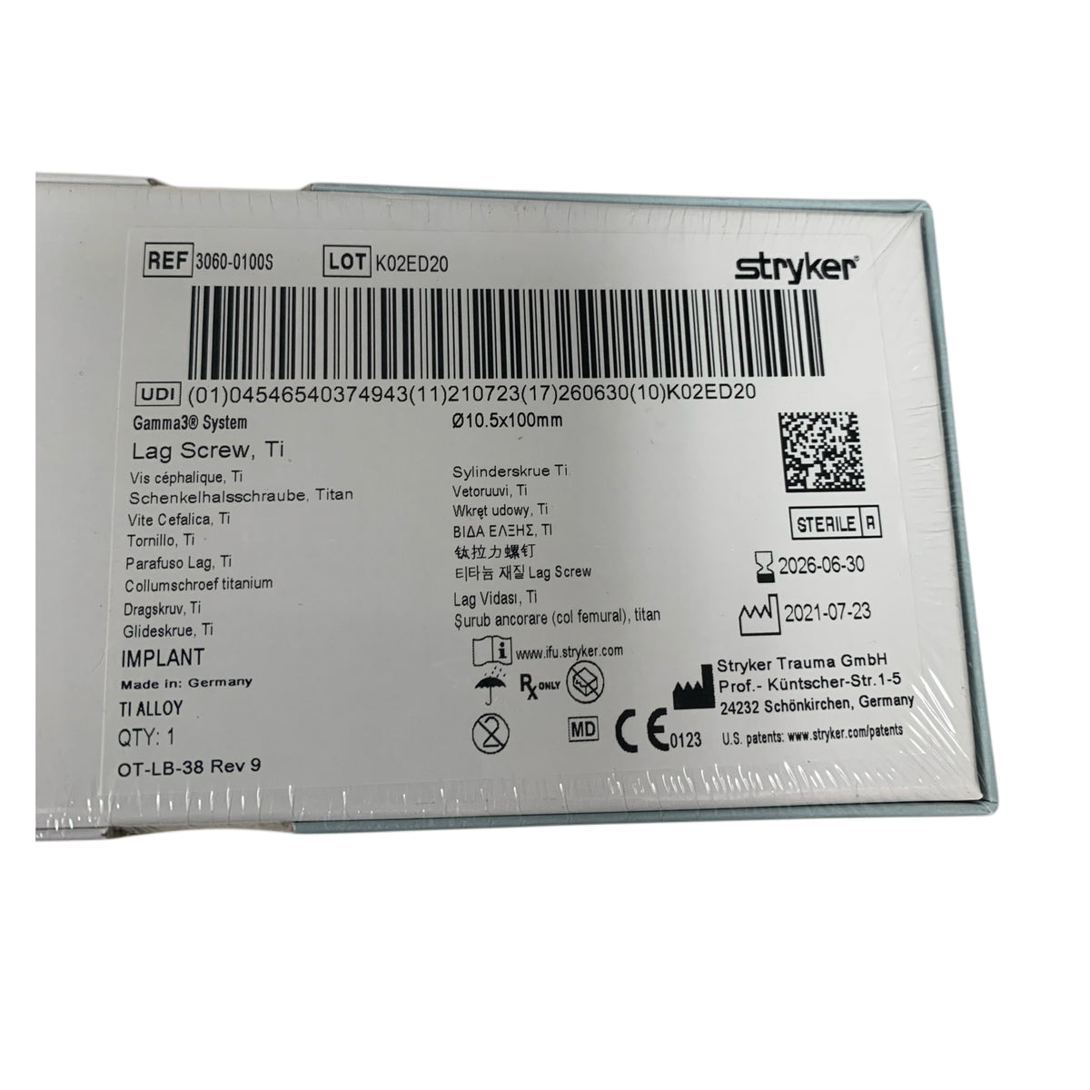 STRYKER 3060-0100S Gamma3 System Lag Screw Ti 10.5x100mm Exp 2026 06