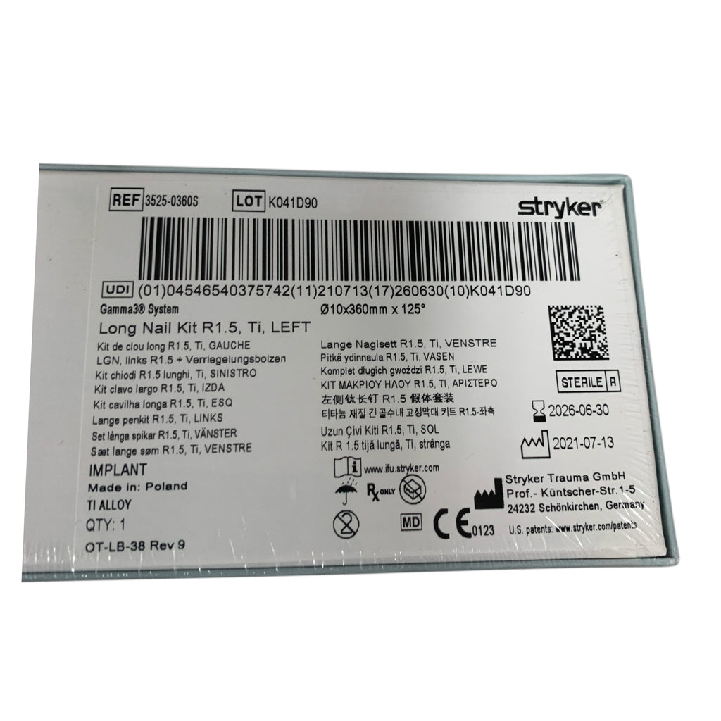 STRYKER 3525-0360S Gamma3 System Long Nail Kit R1.5 Ti LEFT 10x360mm x 125 Exp 2026 06