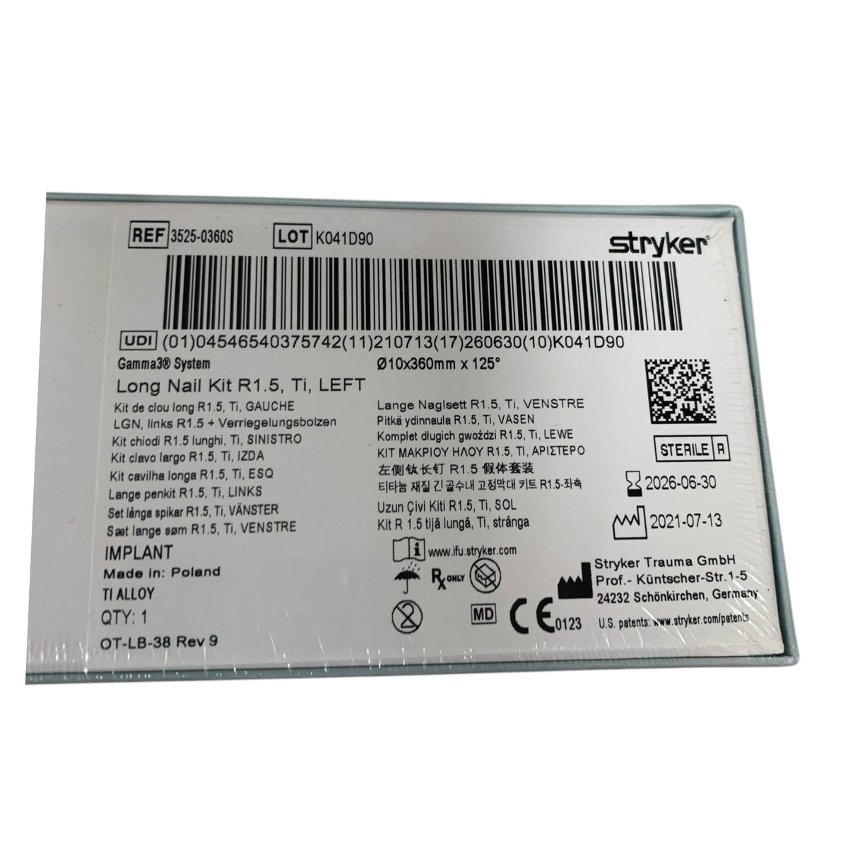 STRYKER 3525-0360S Gamma3 System Long Nail Kit R1.5 Ti LEFT 10x360mm x 125 Exp 2026 06