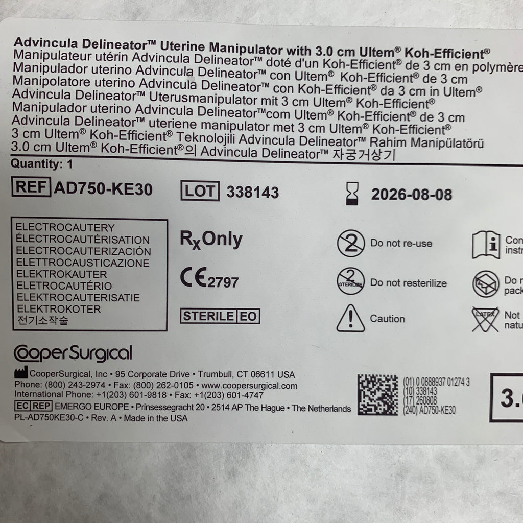 COOPER SURGICAL AD750-KE30 Advincula Delineator Uterine Manipulator 3.0 cm Ultem Koh-Efficient EXP 2026 08