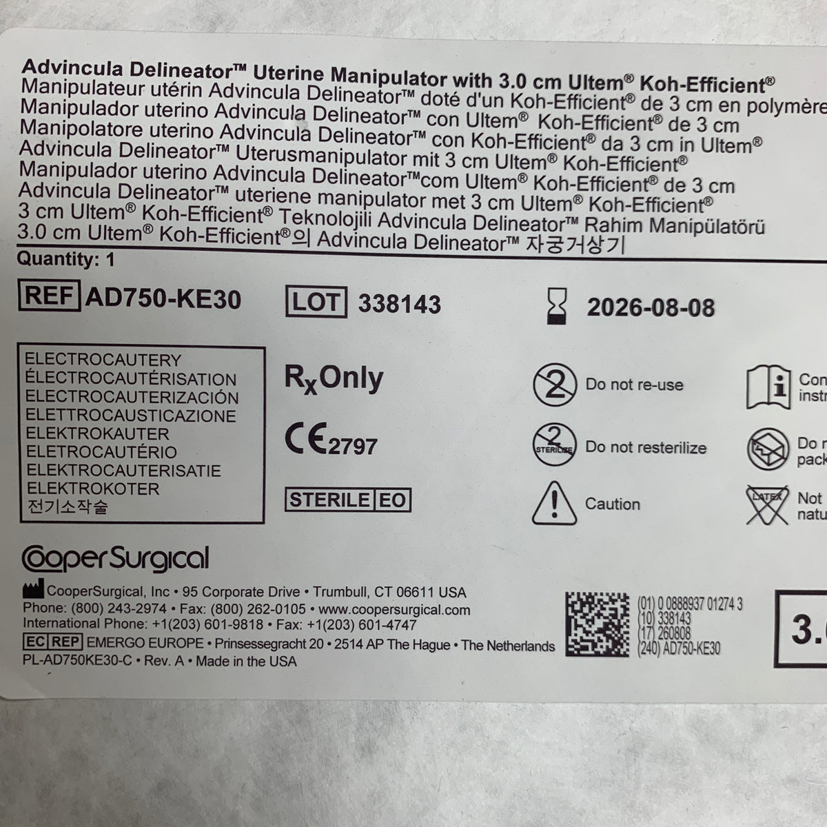 COOPER SURGICAL AD750-KE30 Advincula Delineator Uterine Manipulator 3.0 cm Ultem Koh-Efficient EXP 2026 08