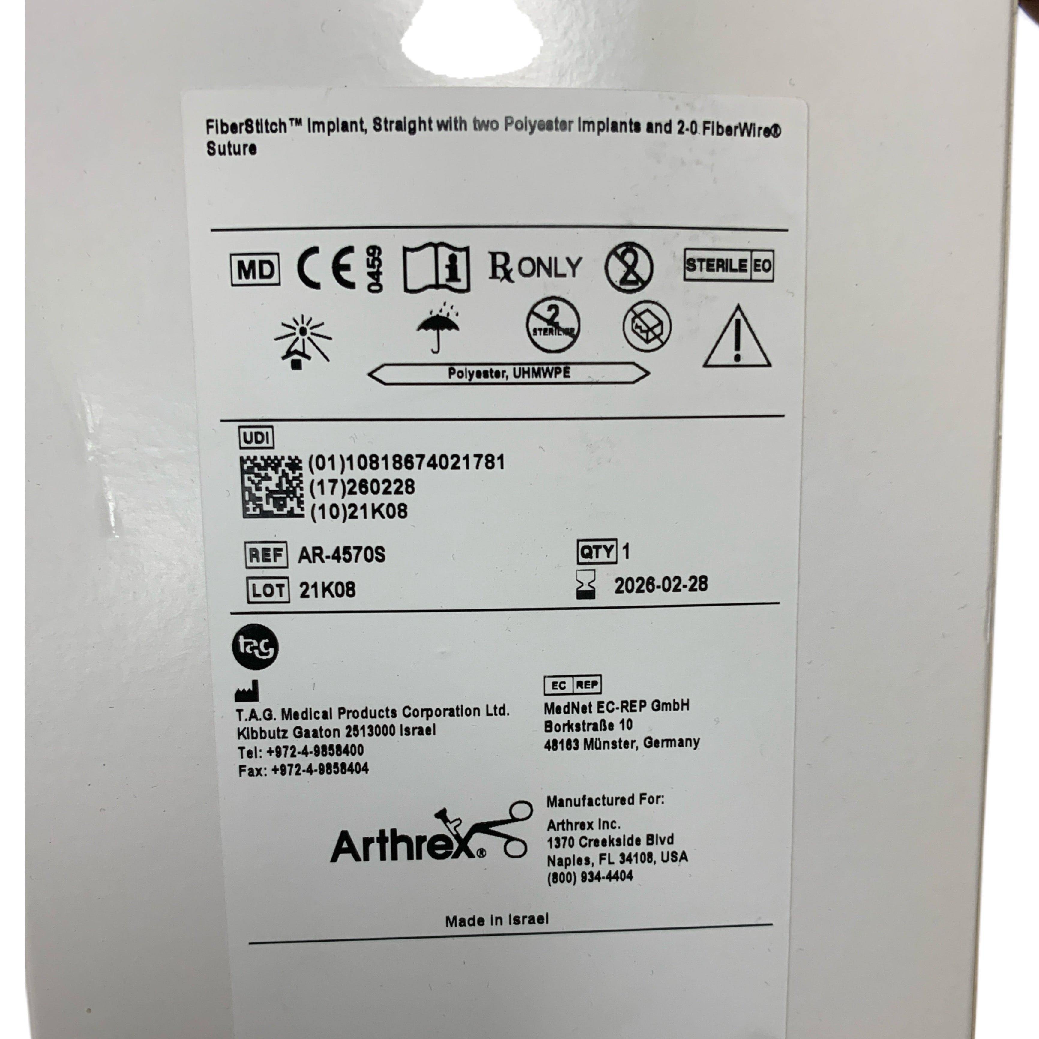 ARTHREX REF AR-4570S FiberStitch Implant, Straight with Two Polyester Implants and 2-0 FiberWire Suture, Exp.2026/02