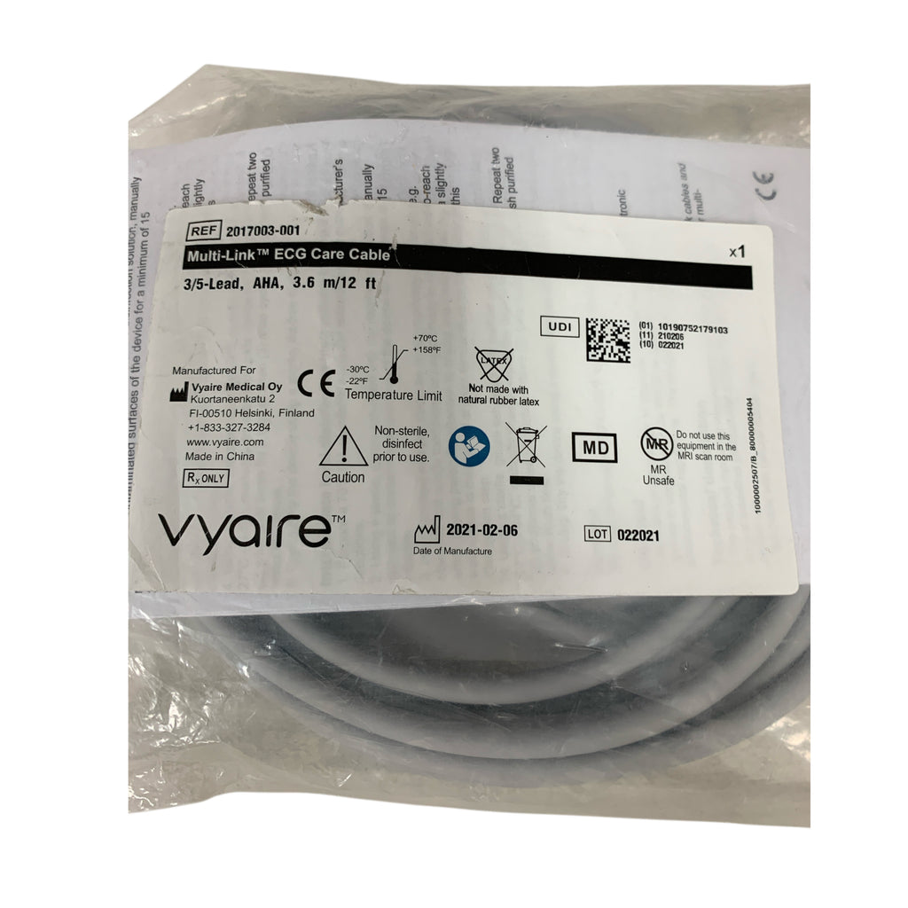 VYAIRE 2017003-001 Multi-Link ECG Care Cable 3/5-Lead AHA 3.6 m/12 ft EXPIRED