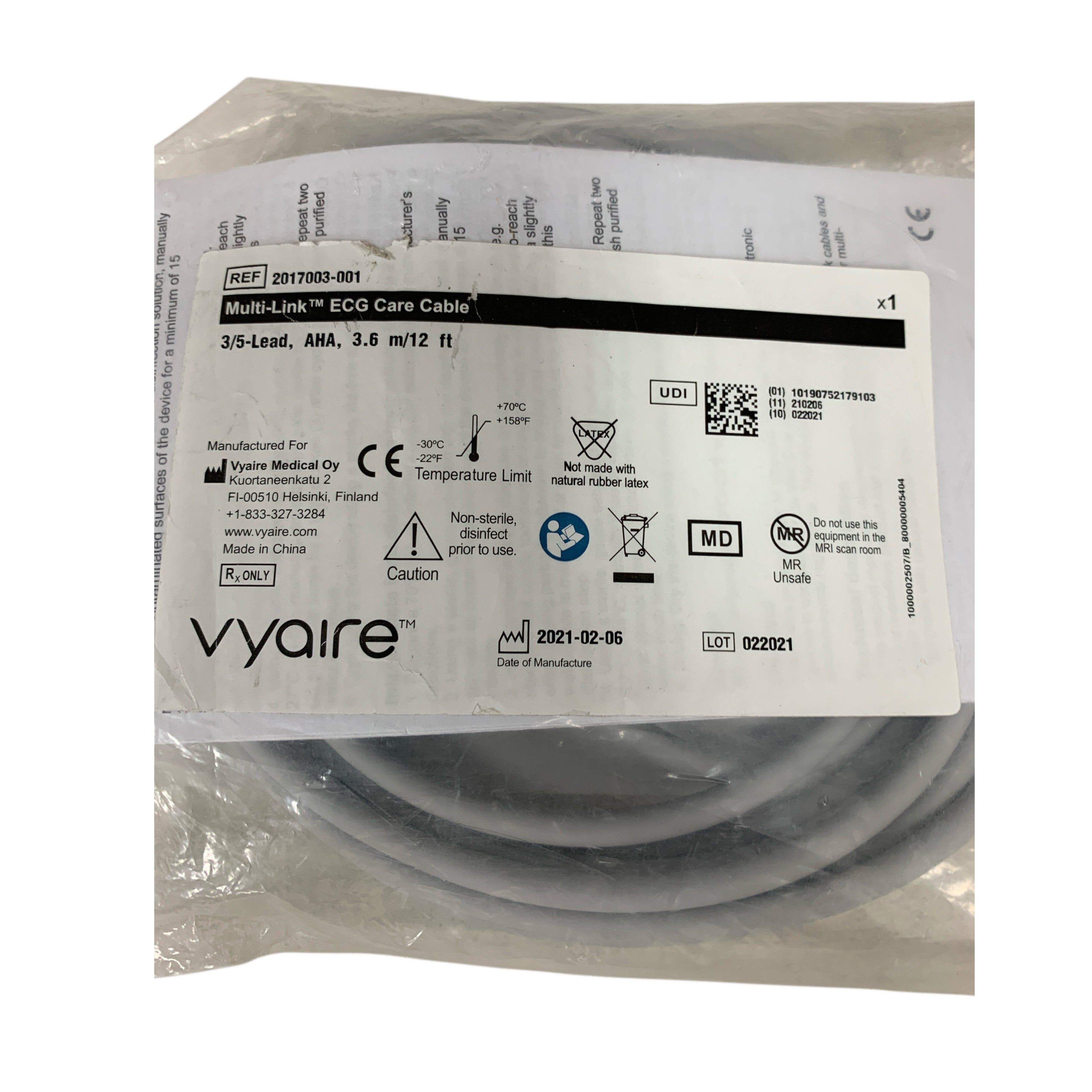 VYAIRE 2017003-001 Multi-Link ECG Care Cable 3/5-Lead AHA 3.6 m/12 ft EXPIRED