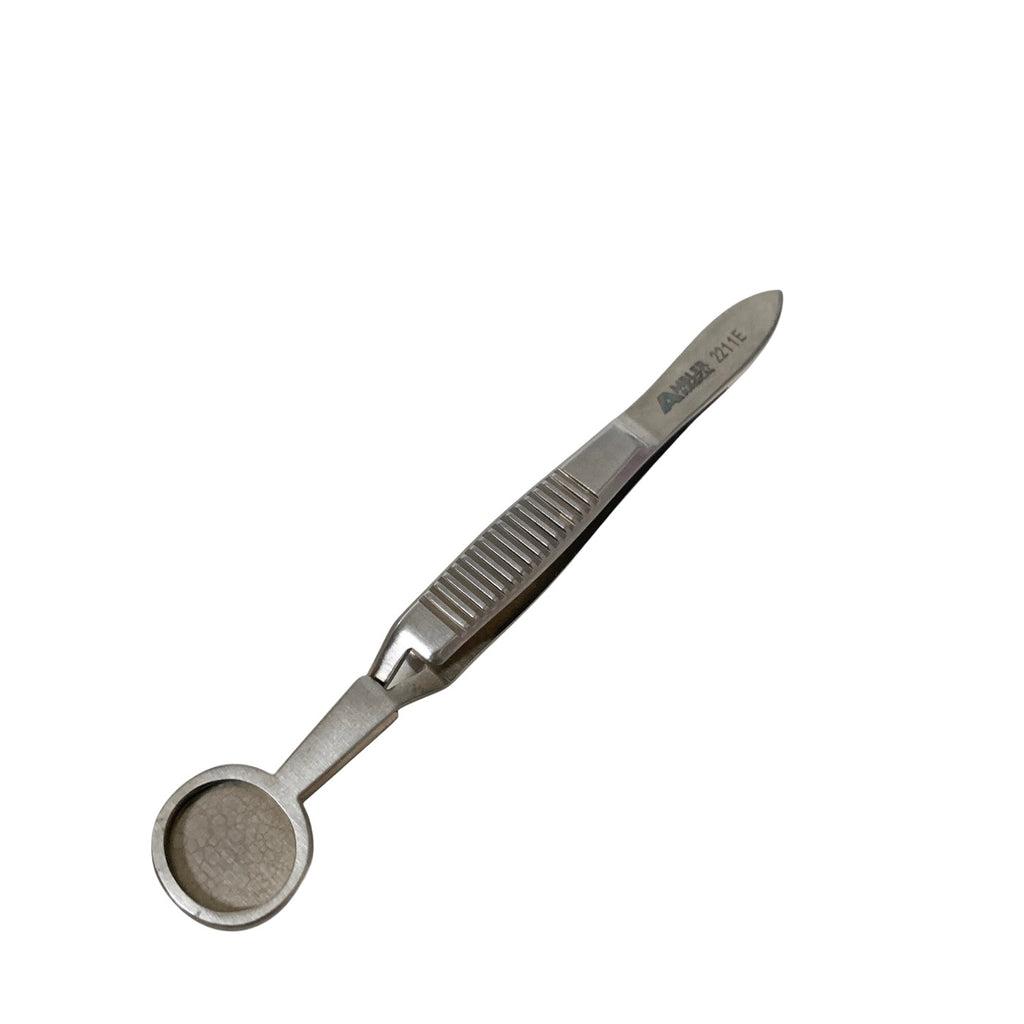 AMBLER REF 2211E Desmarres chalazion forceps 20.0mm solid lower plate, 12.0mm x 14.0mm open upper plate, cross-action flat handle