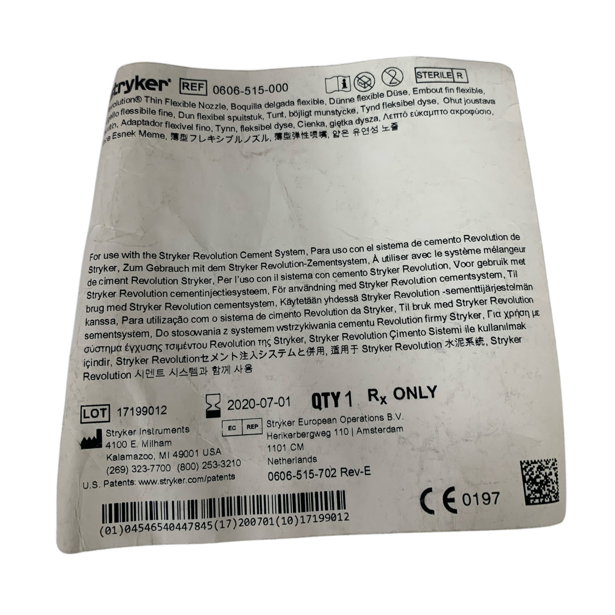 STRYKER 0606-515-000 Revolution Thin Flexible Nozzle For use with Stryker Revolution Cement System Exp 2020 07