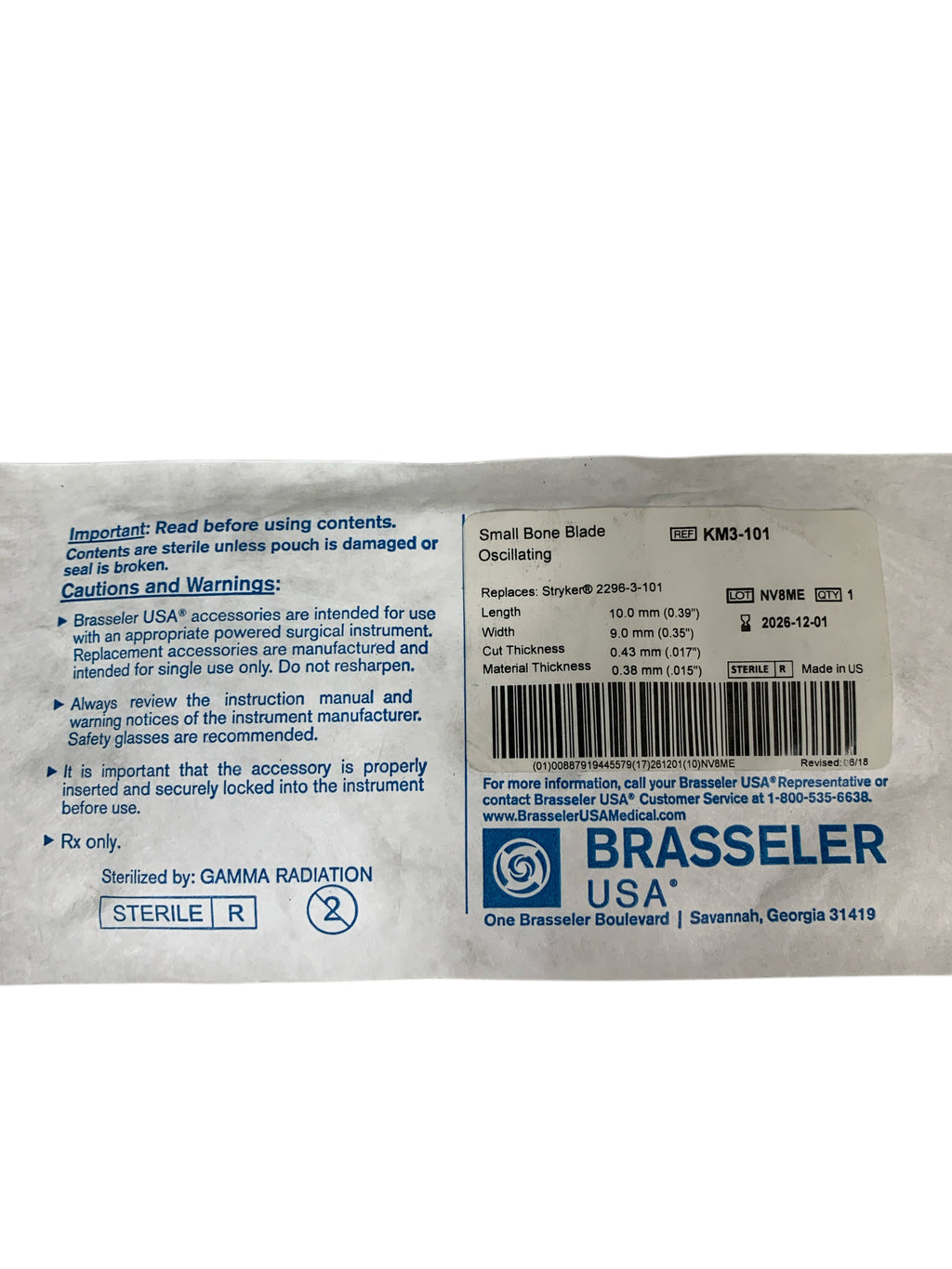 BRASSELER USA REF KM3-101 Small Bone Oscillating Blade Replaces Stryker 2296-3-101, Exp.2026/12
