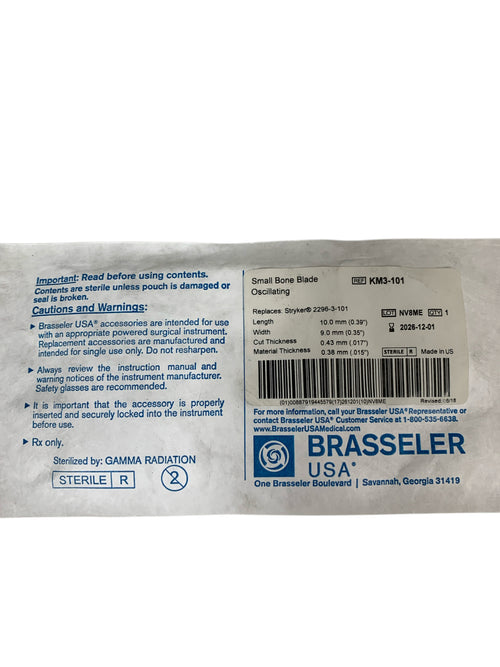 BRASSELER USA REF KM3-101 Small Bone Oscillating Blade Replaces Stryker 2296-3-101, Exp.2026/12