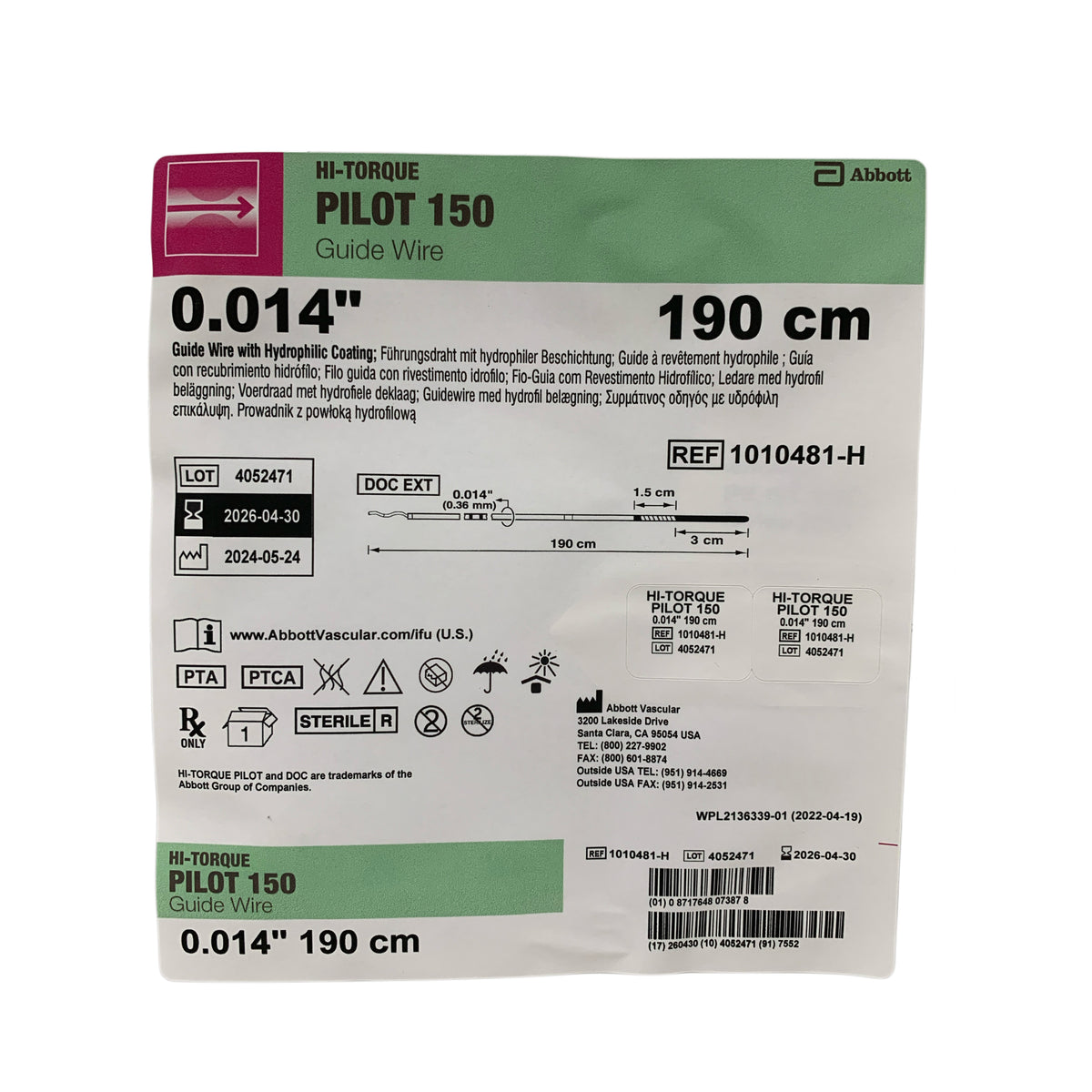 ABBOTT 1010481-H HI-TORQUE PILOT 150 Guide Wire 0.014" 190 cm Exp 2026 04