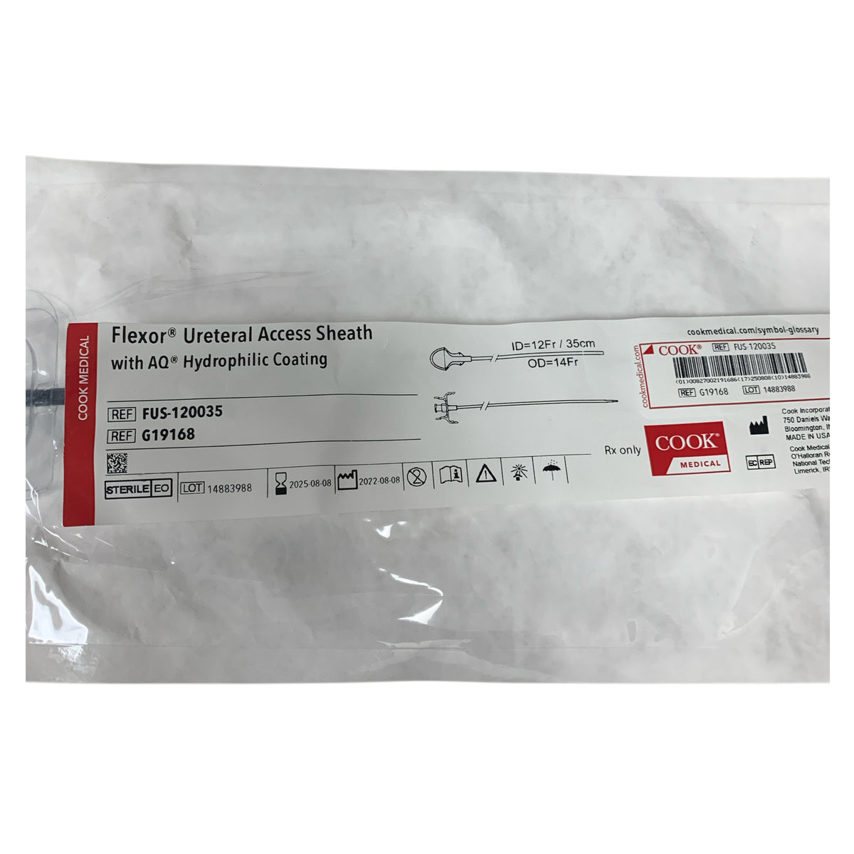 COOK MEDICAL FUS-120035 G19168 Flexor Ureteral Access Sheath with AQ Hydrophilic Coating ID 12Fr 35cm OD 14Fr Exp 2025 08