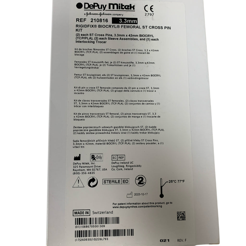 DEPUY MITEK REF 210816 RIGIDFIX BIOCRYL Femoral ST Cross Pin Kit 3.3mm, Exp.2026/09