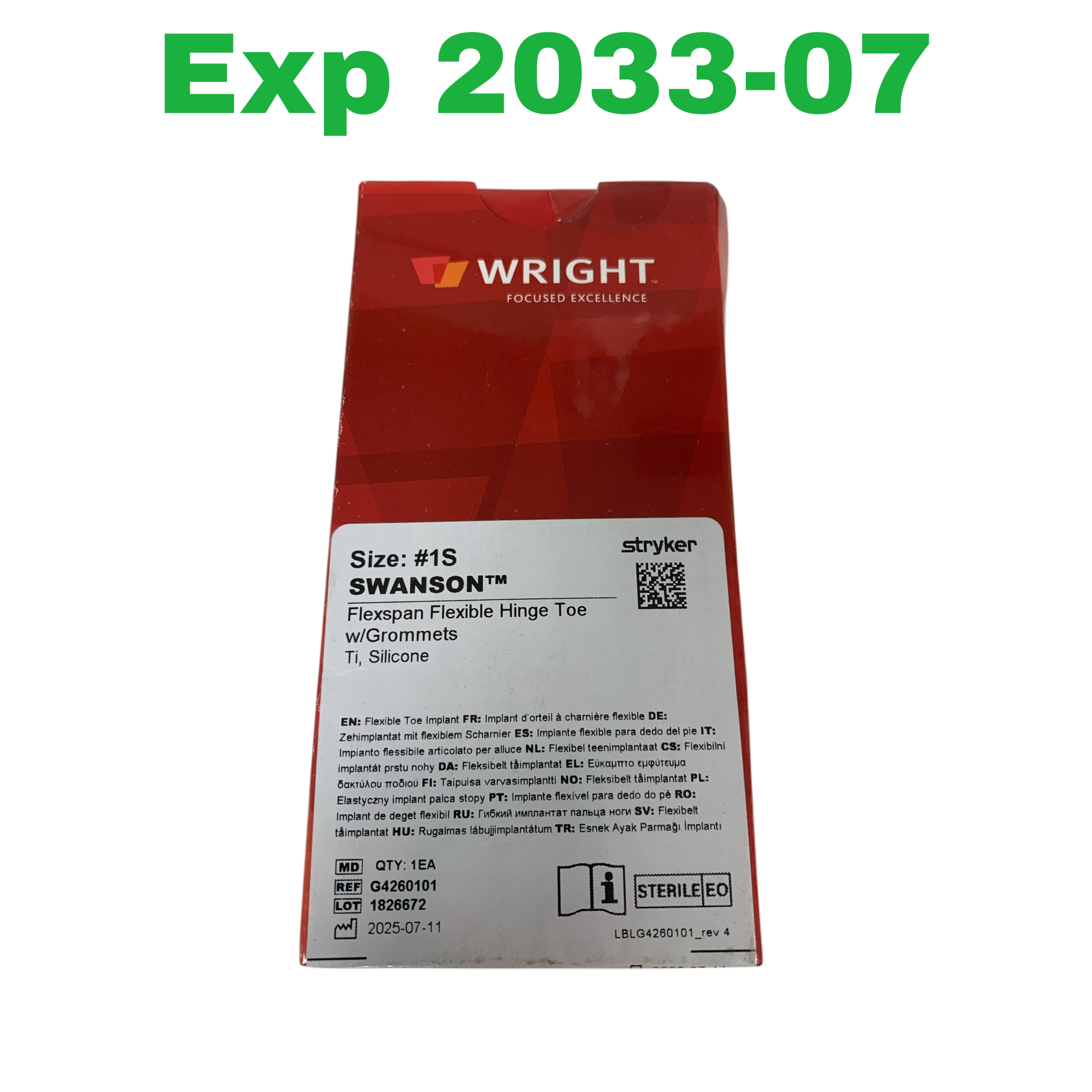 STRYKER REF G4260101 SWANSON Flexspan Flexible Hinge Toe w/Grommets Size #1S(Wright Medical), Exp.2033/07