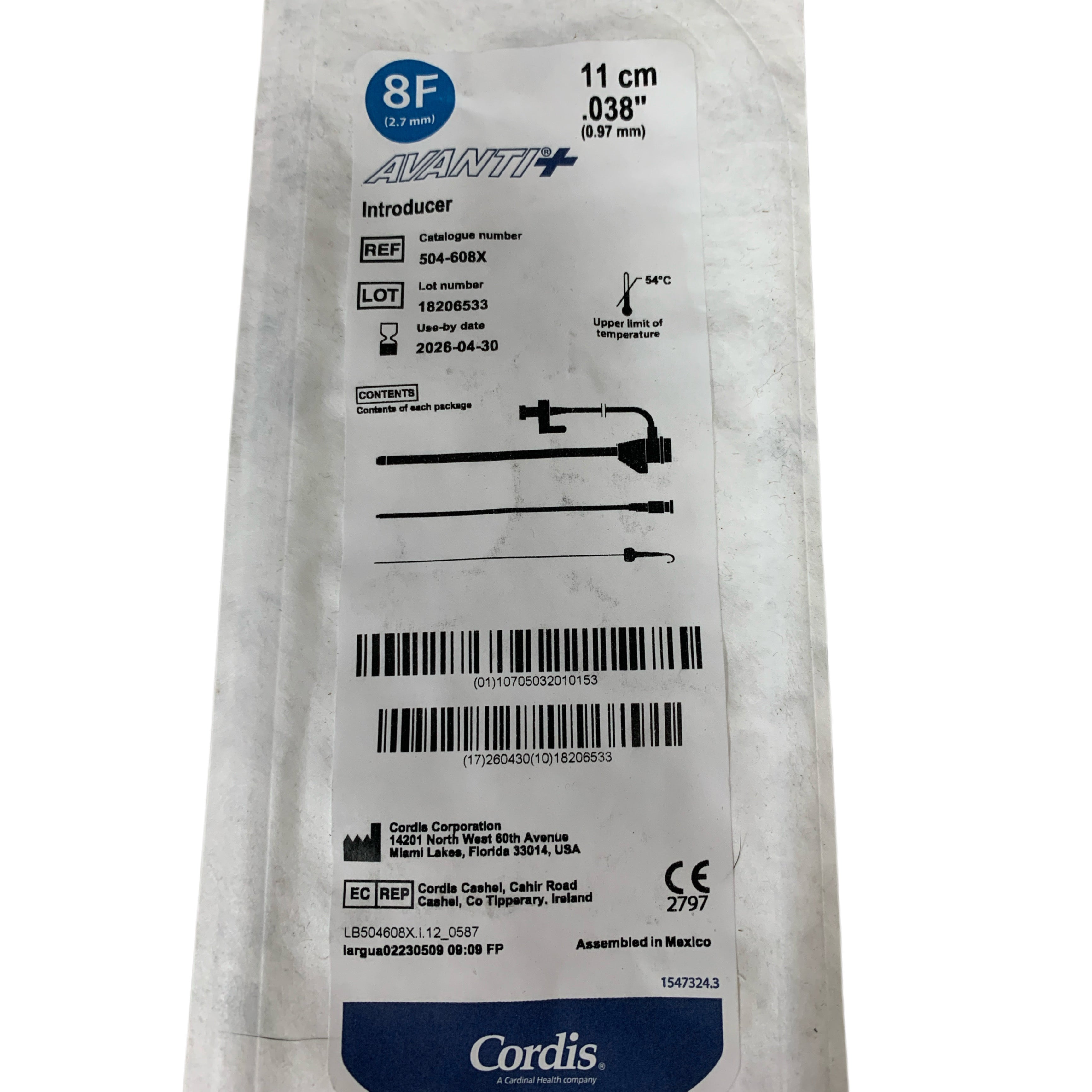 CORDIS REF 504-608X Avanti+ Introducer 8F 11cm .038", Exp.2026/04