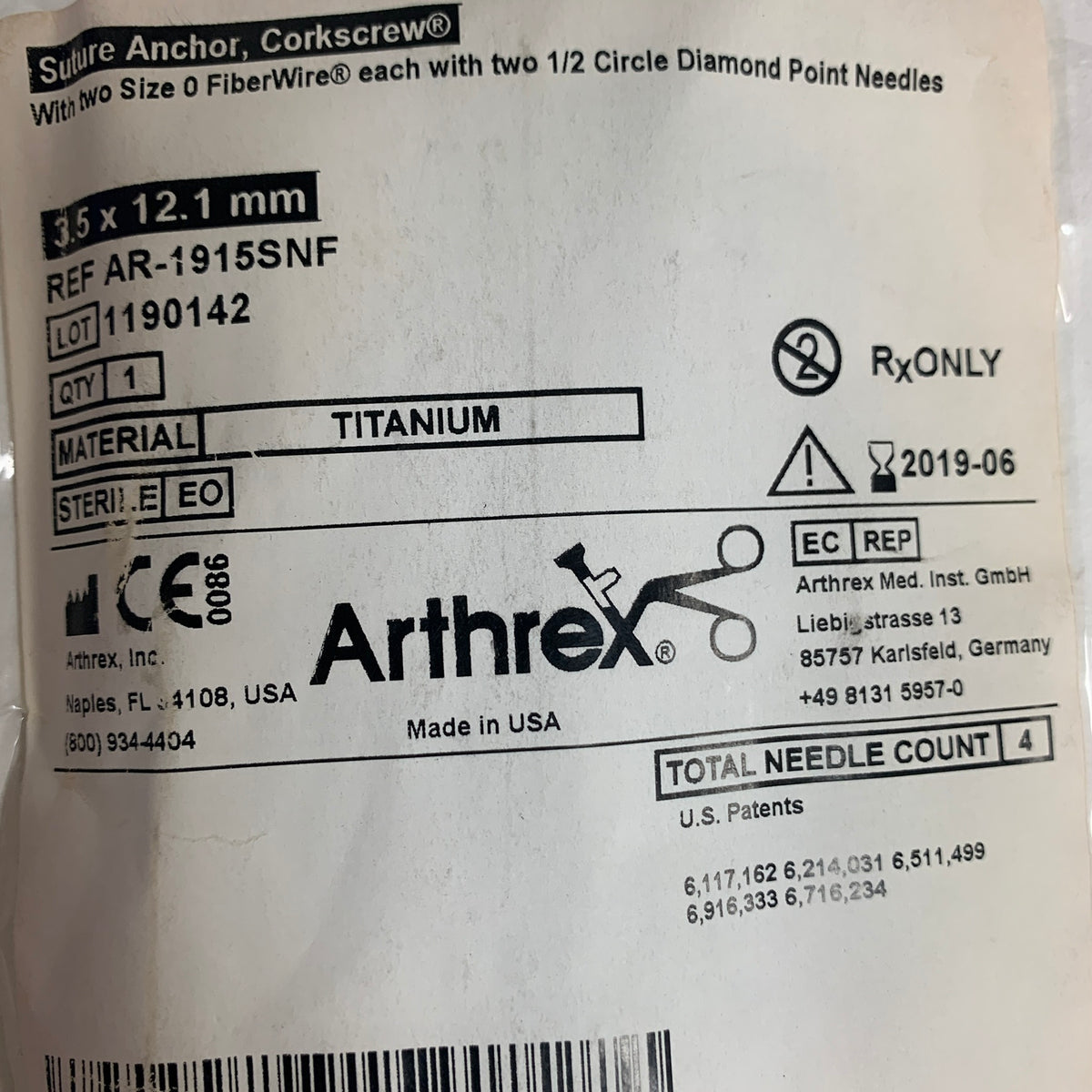ARTHREX AR-1915SNF Suture Anchor Corkscrew 3.5 x 12.1 mm EXP 2019 06