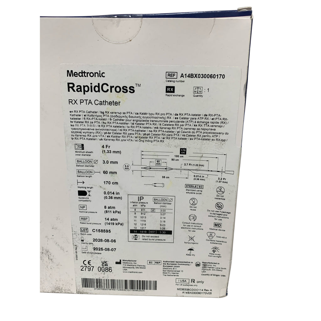 MEDTRONIC REF A14BX030060170 RapidCross RX PTA Catheter 3.0mm x 60mm 170cm 0.014 in, Exp.2028/08