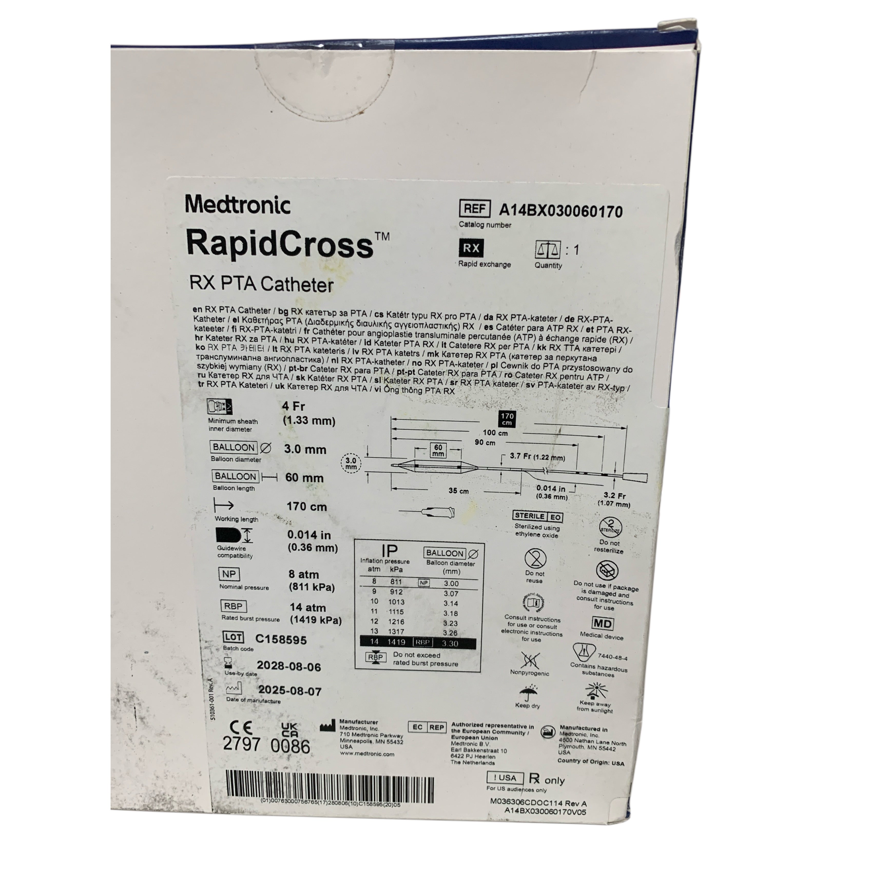 MEDTRONIC REF A14BX030060170 RapidCross RX PTA Catheter 3.0mm x 60mm 170cm 0.014 in, Exp.2028/08