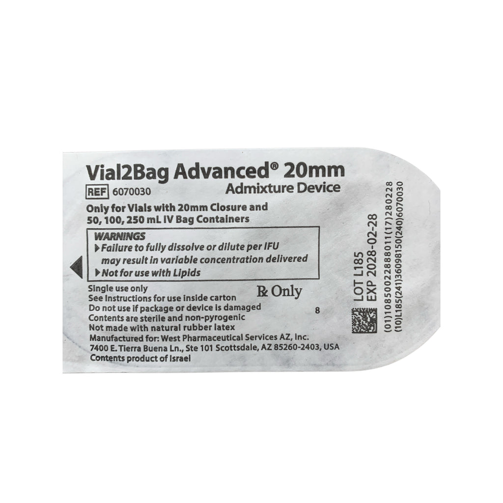 WEST PHARMACEUTICAL 6070030 Vial2Bag Advanced 20 mm Admixture Device Only for Vials with 20 mm Closure and 50 100 250 mL IV Bag Containers Exp 2028 02
