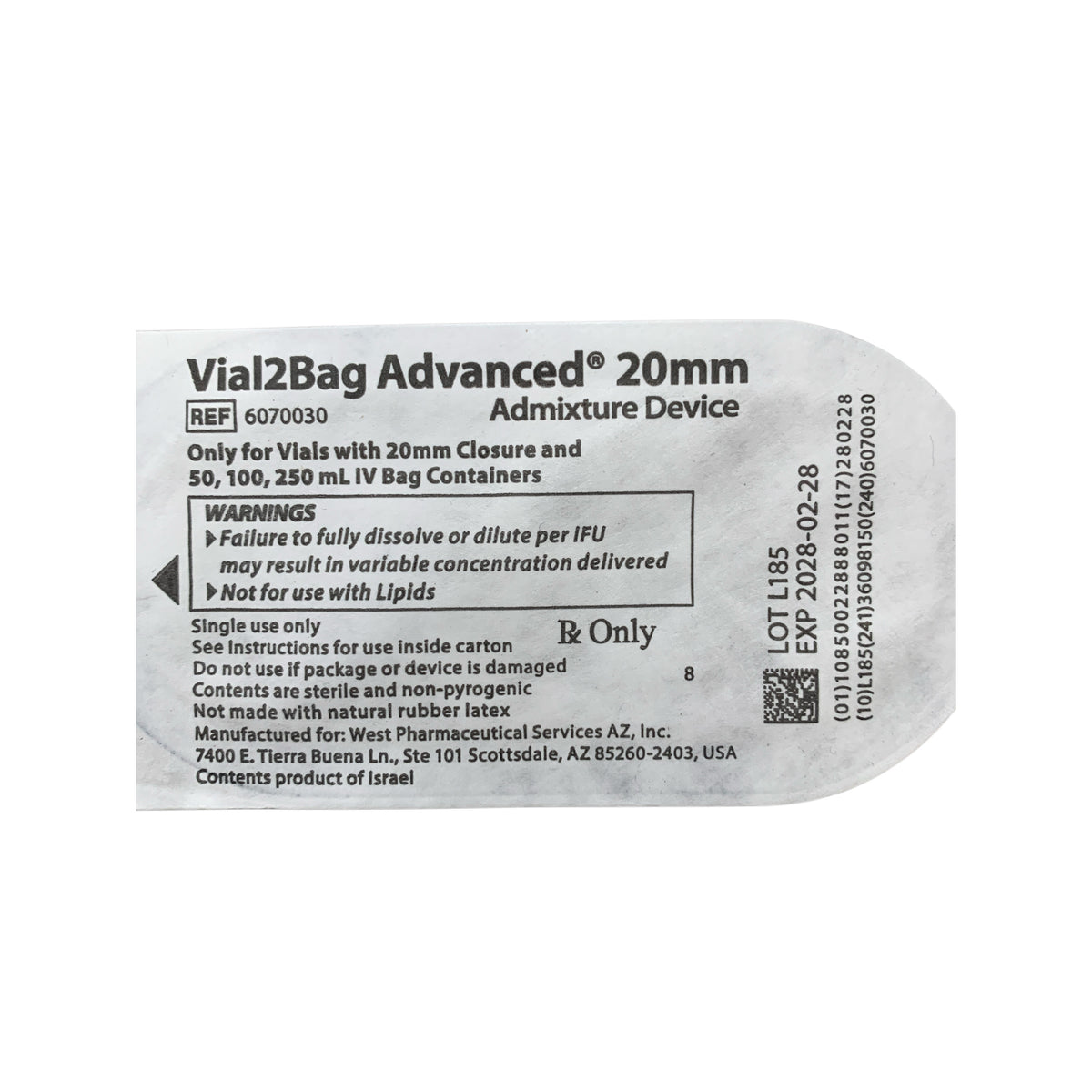 WEST PHARMACEUTICAL 6070030 Vial2Bag Advanced 20 mm Admixture Device Only for Vials with 20 mm Closure and 50 100 250 mL IV Bag Containers Exp 2028 02