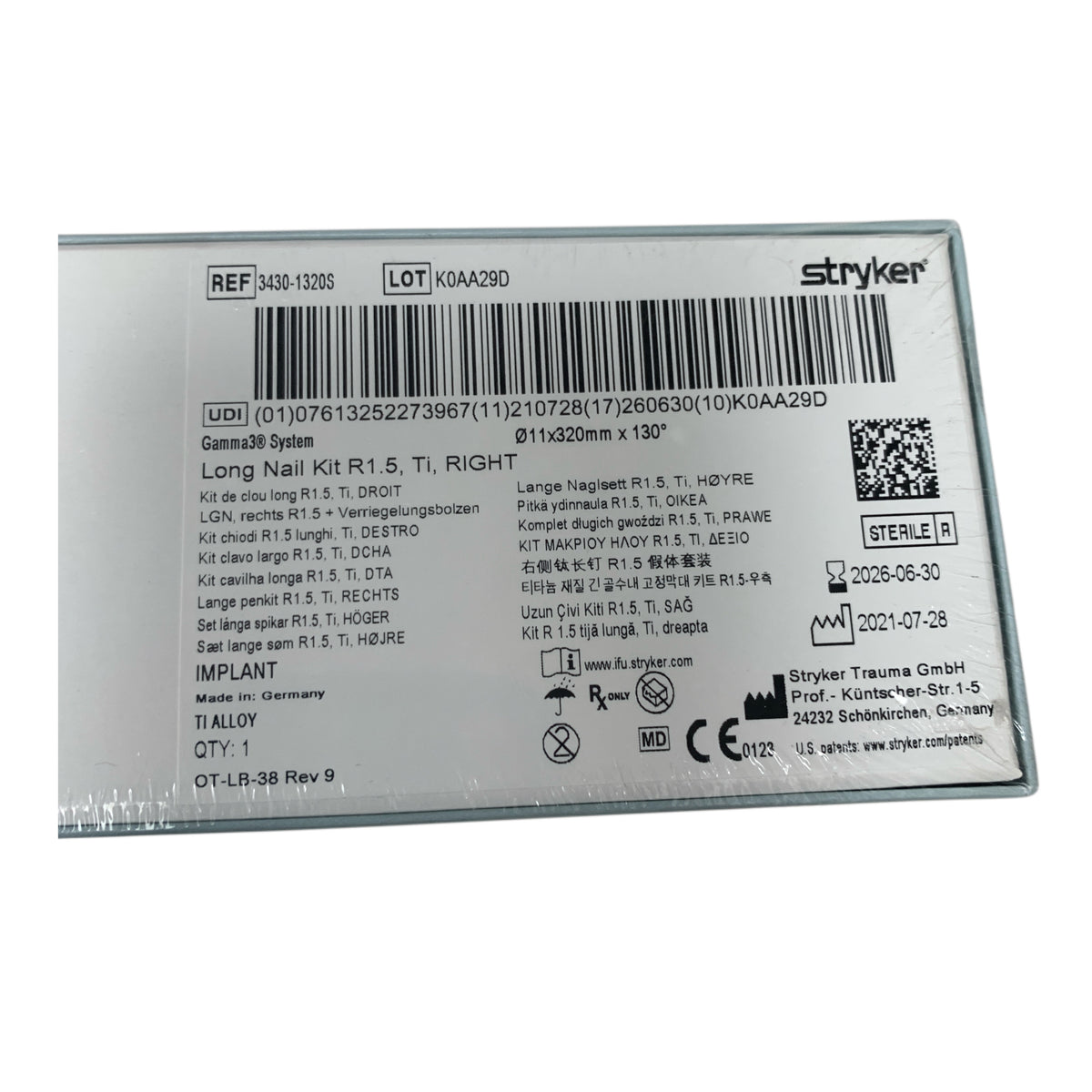 STRYKER 3430-1320S Gamma3 System Long Nail Kit R1.5 Ti Right 11x320mm x 130 Exp 2026 06