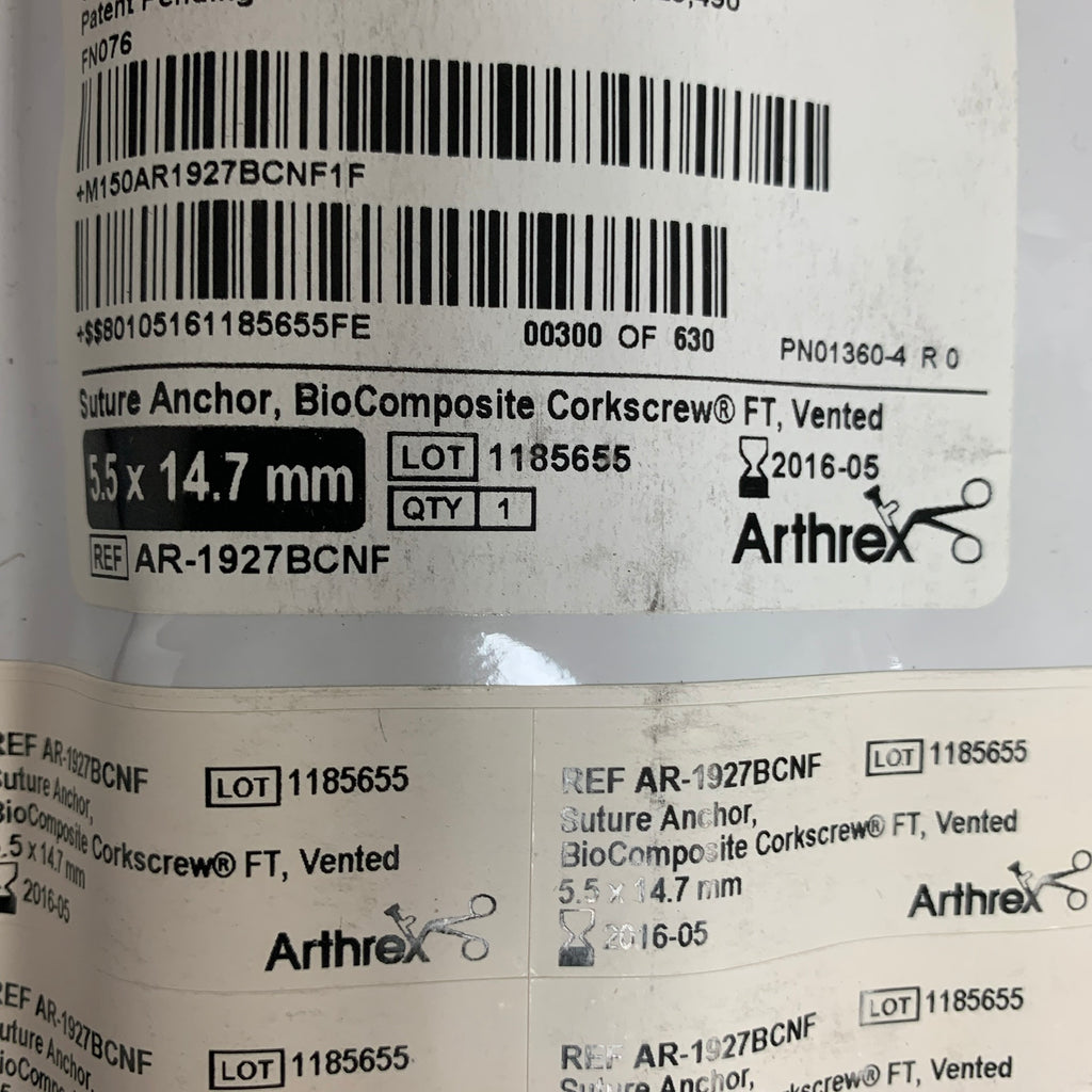 ARTHREX AR-1927BCNF BioComposite Corkscrew FT Vented Suture Anchor 5.5 x 14.7 mm with 2 FiberWire & 2 TigerWire, EXP 2016-05