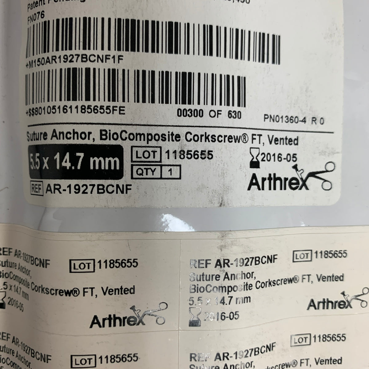 ARTHREX AR-1927BCNF BioComposite Corkscrew FT Vented Suture Anchor 5.5 x 14.7 mm with 2 FiberWire & 2 TigerWire, EXP 2016-05