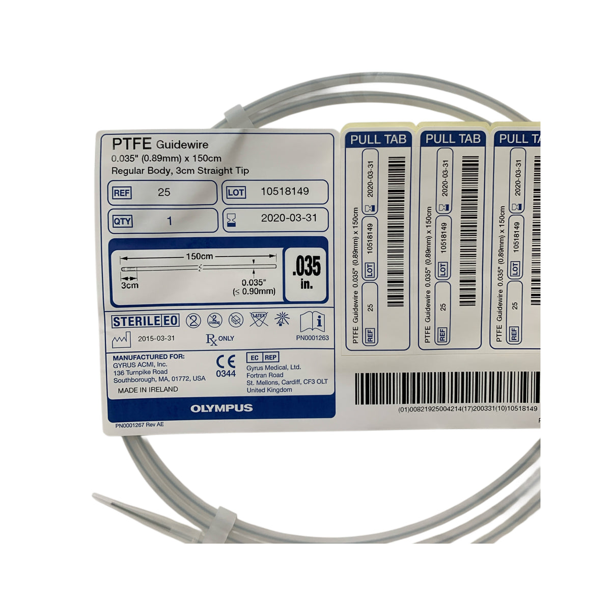 OLYMPUS 25 PTFE Guidewire 0.035 in 150cm 3cm Straight Tip Exp 2020 03
