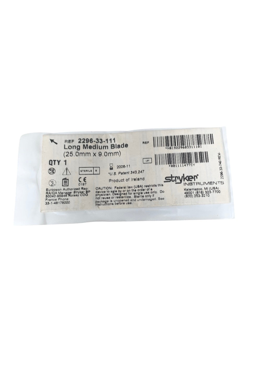 STRYKER REF 2296-33-111 Long Medium Blade (25.0mm x 9.0mm), REF.2006-11