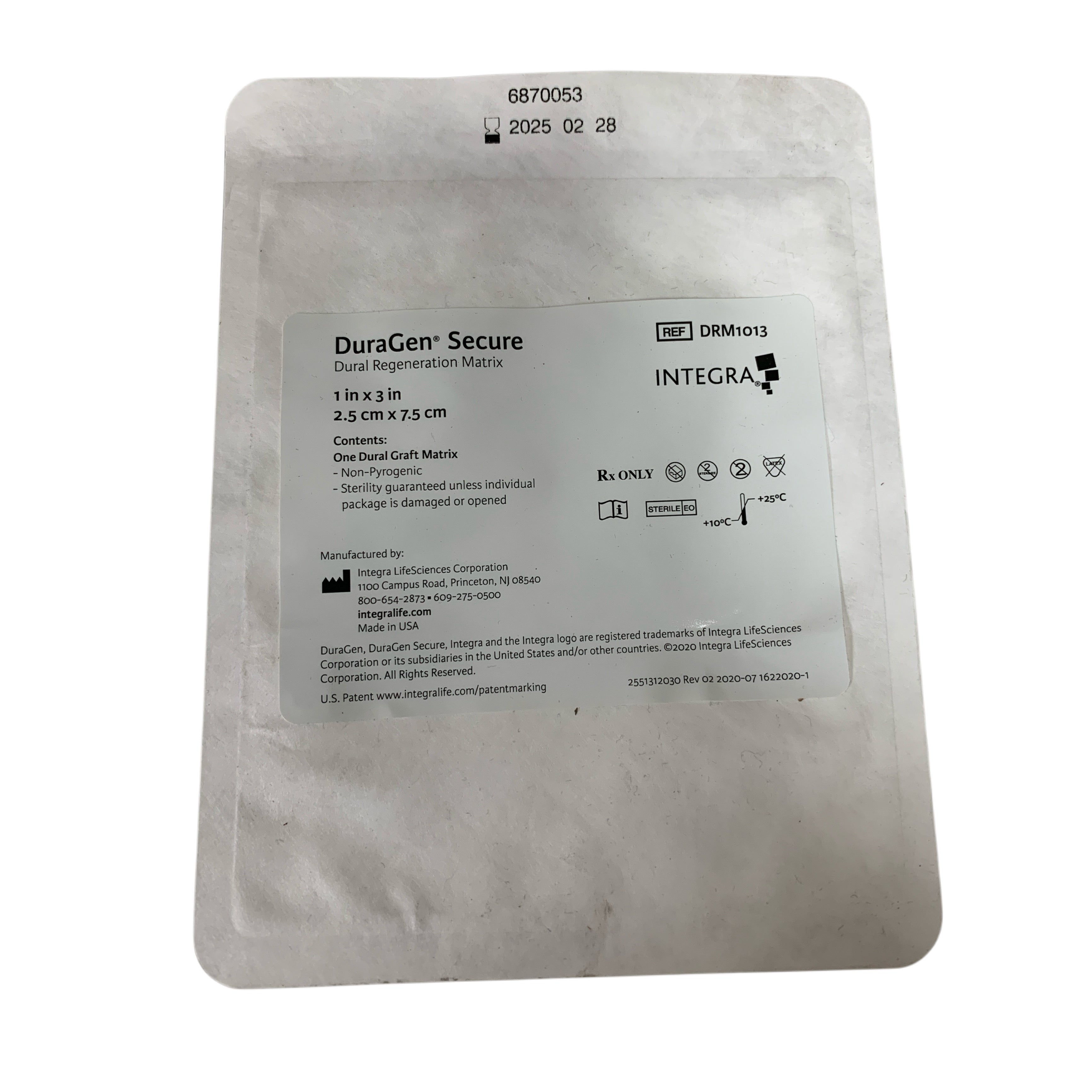 INTEGRA REF DRM1013 DuraGen Secure Dural Regeneration Matrix 1 in x 3 in 2.5 cm x 7.5 cm Exp 2025 02