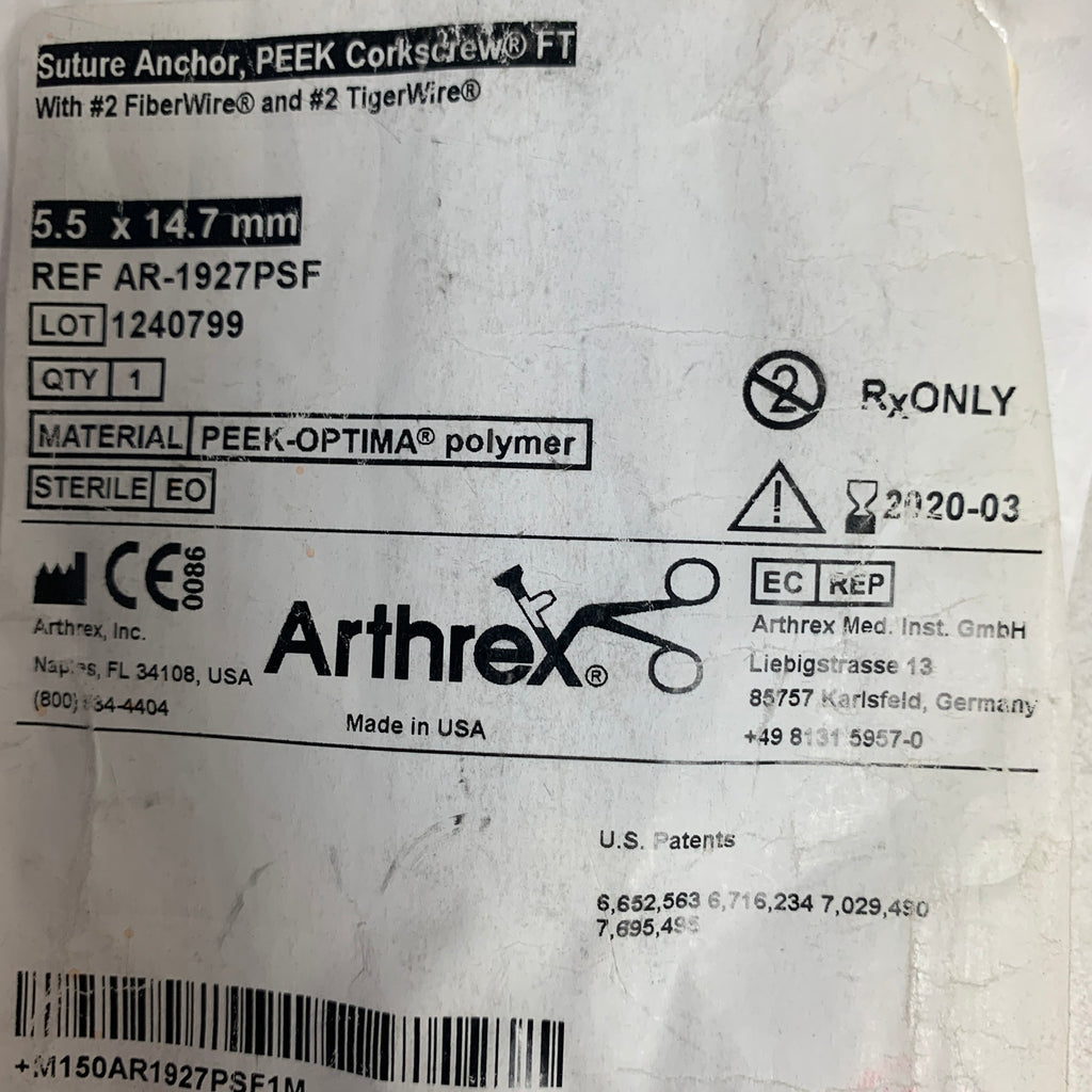 ARTHREX AR-1927PSF Suture Anchor PEEK Corkscrew FT 5.5 x 14.7 mm EXP 2020 03