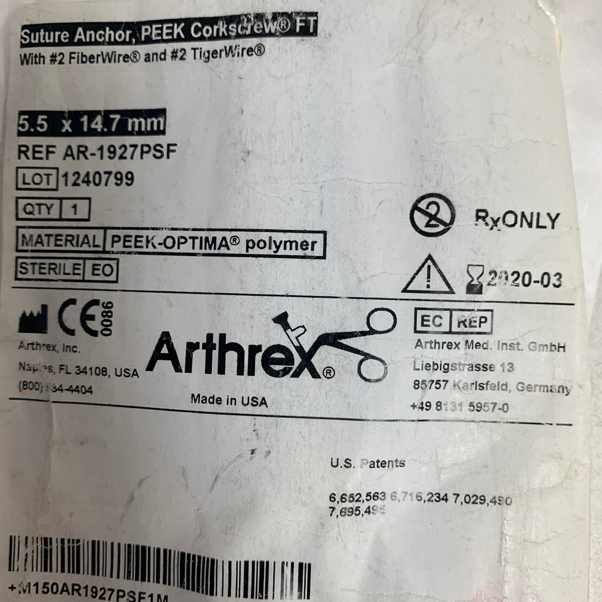 ARTHREX AR-1927PSF Suture Anchor PEEK Corkscrew FT 5.5 x 14.7 mm EXP 2020 03