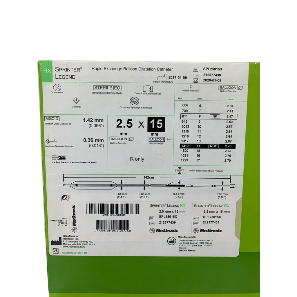 MEDTRONIC SPL25015X Sprinter Legend Rapid Exchange Balloon Dilatation Catheter 2.5 mm x 15 mm Exp 2020 01