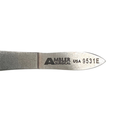 AMBLER REF 9531E Packo conjunctival forceps 4'',angled 7.0mm, very delicate, ring shaped tips, with tying platforms, flat 3-hole handle
