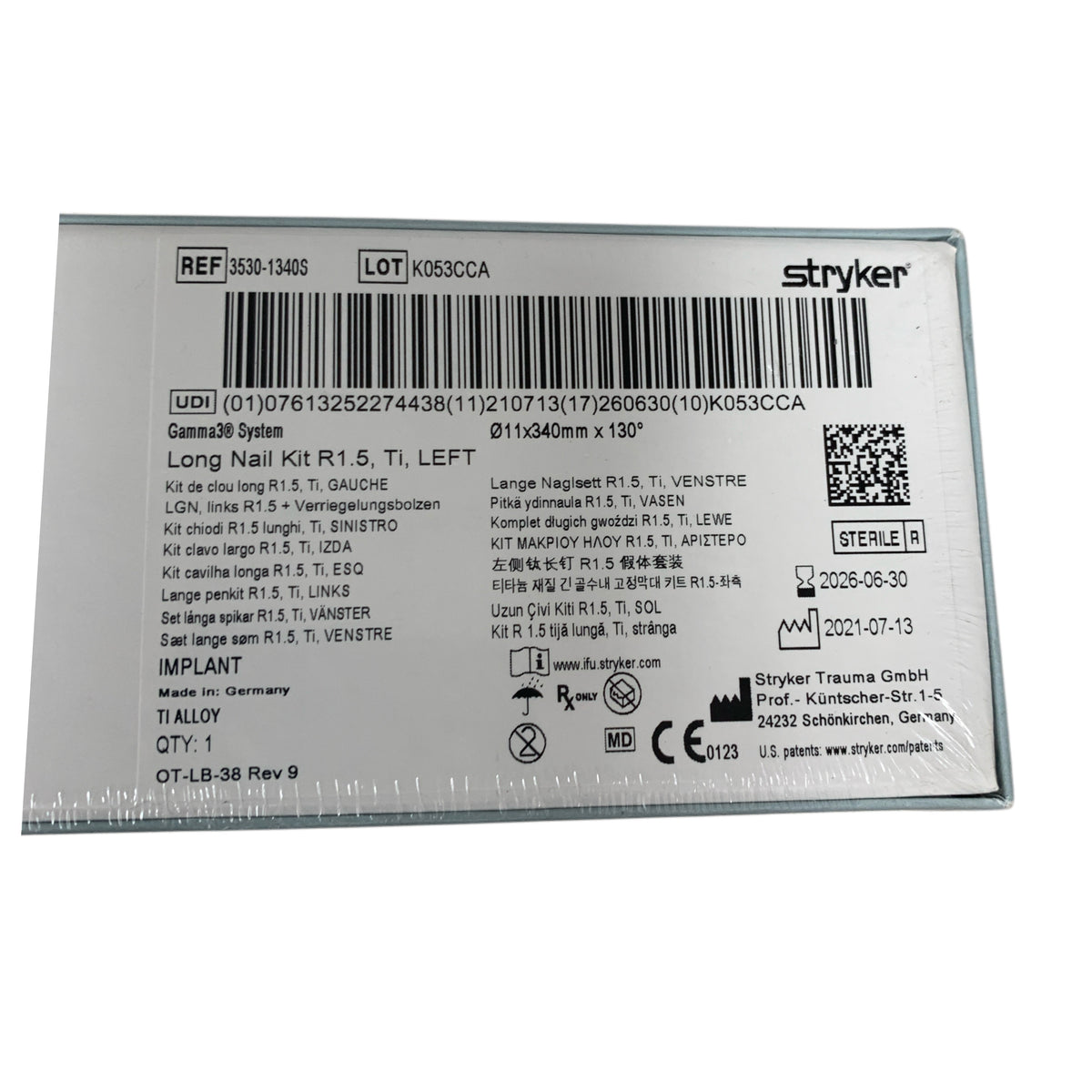 STRYKER 3530-1340S Gamma3 System Long Nail Kit R1.5 Ti Left 11x340mm x 130 Exp 2026 06