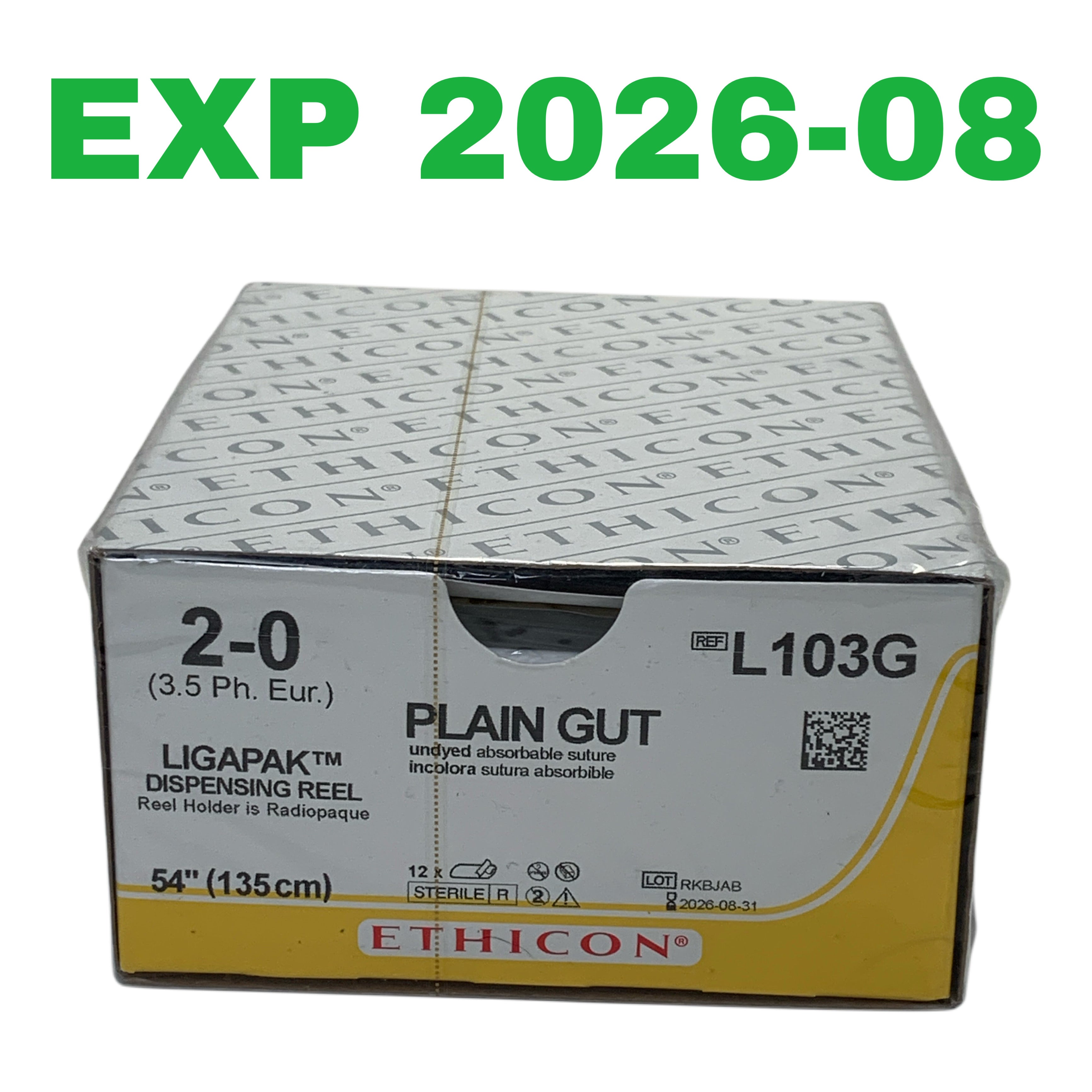ETHICON REF L103G Ligapak 2-0 Plain Gut Dispensing Reel 54" 135cm Box of 12, Exp.2026/08