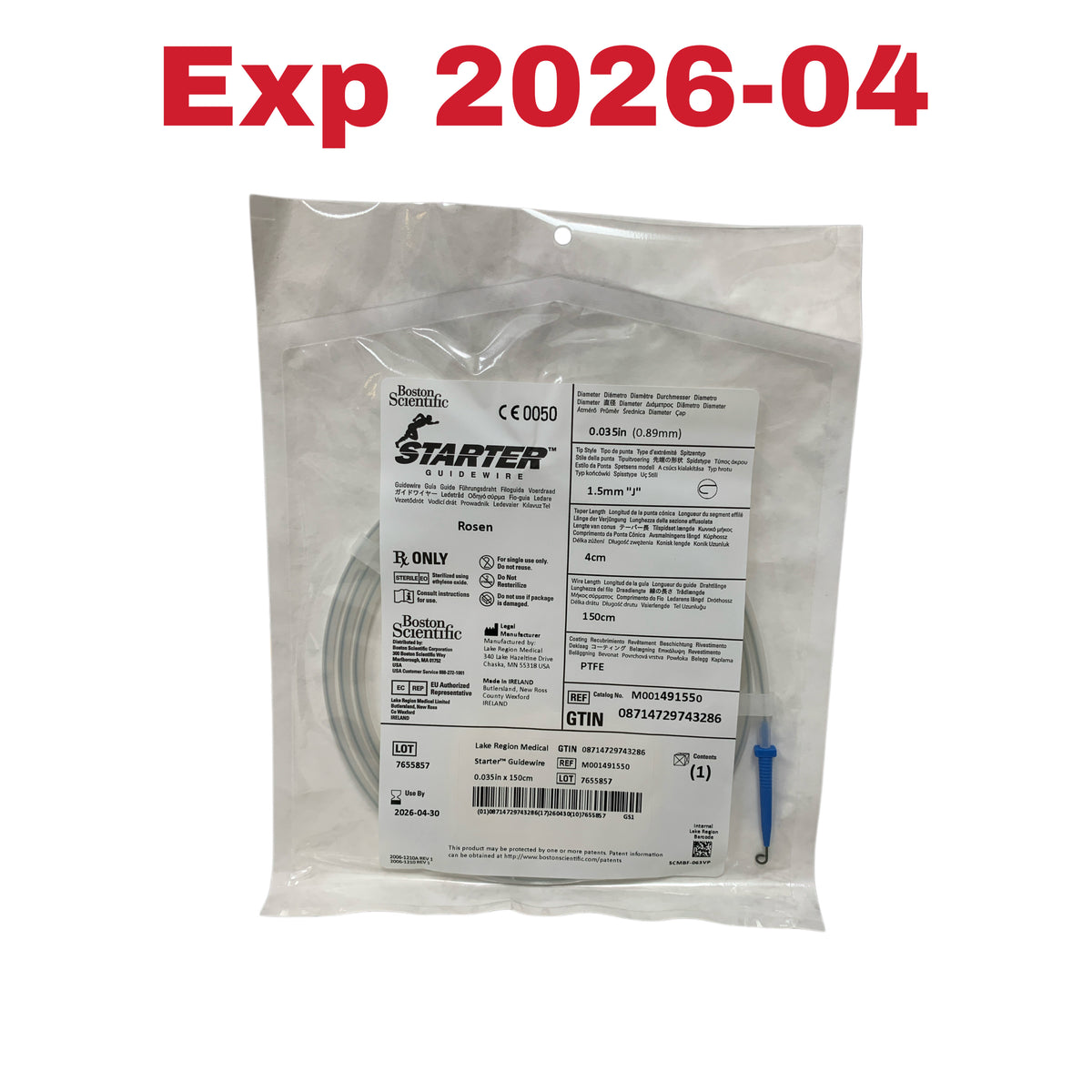 BOSTON SCIENTIFIC M001491550 Starter Guidewire Rosen PTFE 0.035in x 150cm 1.5mm J Tip Taper 4cm Exp 2026 04