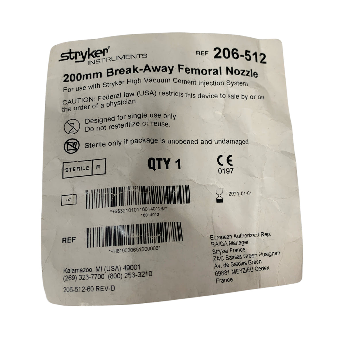 STRYKER Instruments 206-512 200mm Break-Away Femoral Nozzle For High Vacuum Cement Injection System Exp 2021 01