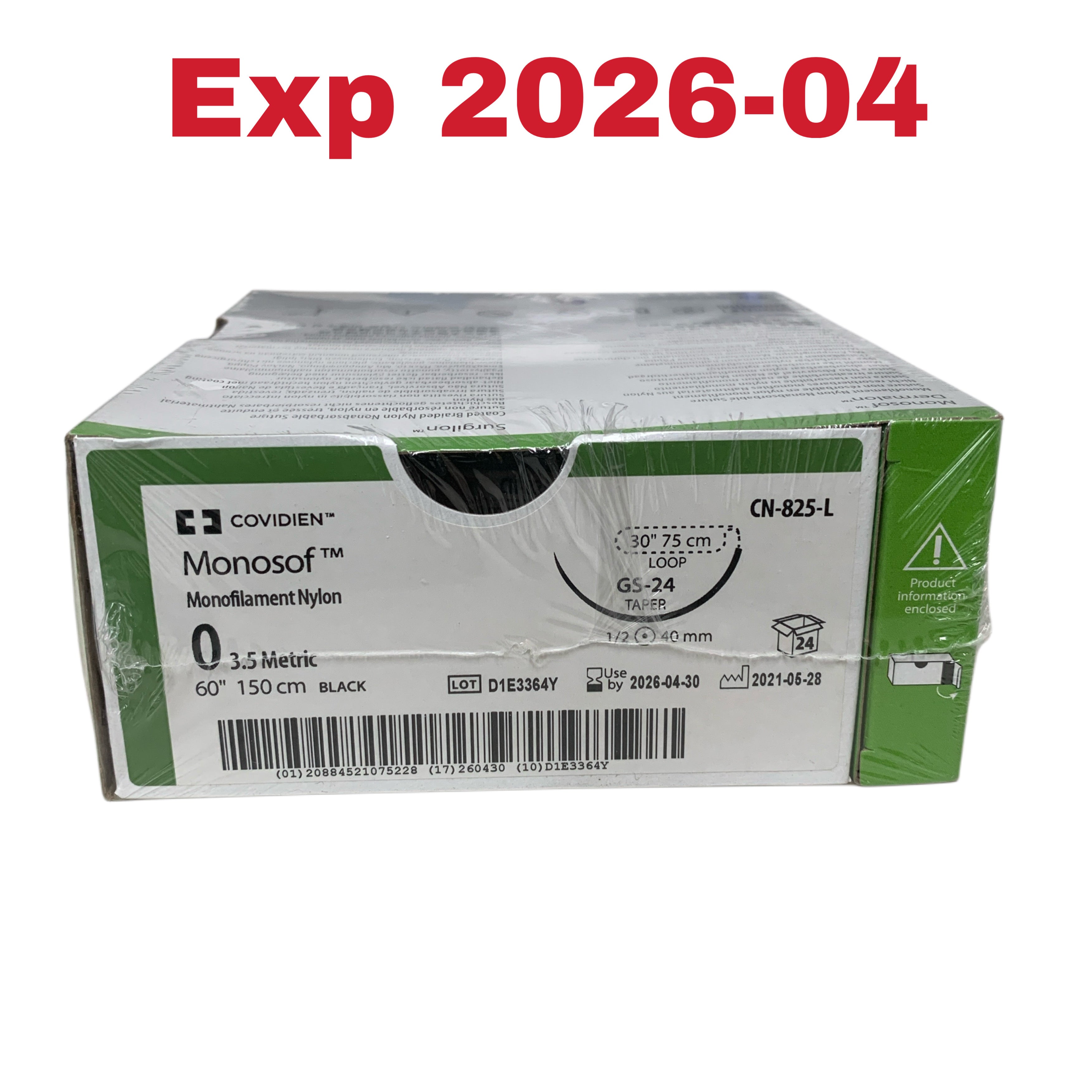COVIDIEN REF CN-825-L Monosof Monofilament Nylon Suture 0 3.5 Metric 60" 150 cm Black GS-24 Taper 30" 75 cm Loop Box of 24 Exp 2026 04