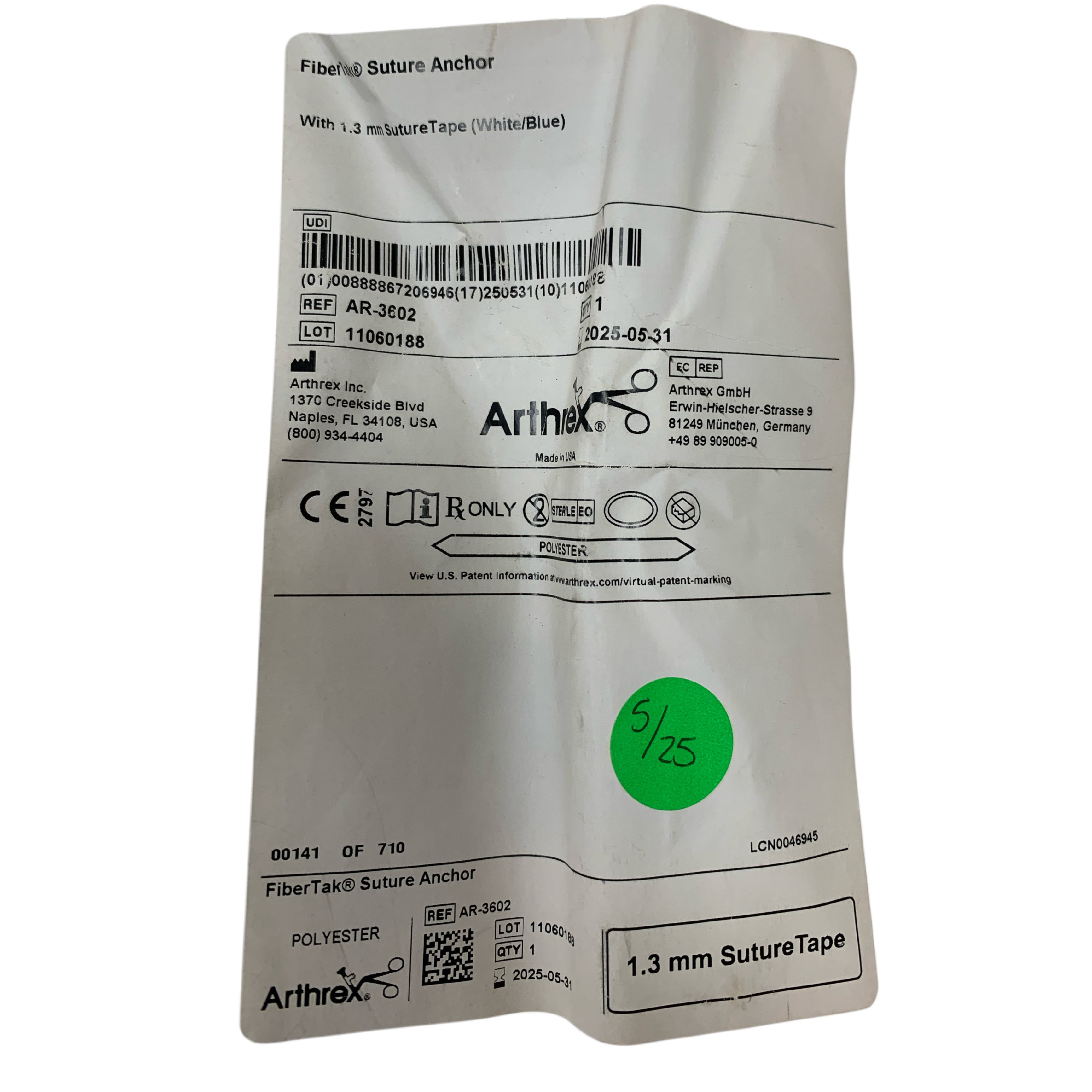 ARTHREX AR-3602 FiberTak Suture Anchor With 1.3 mm SutureTape White / Blue Exp 2025 05
