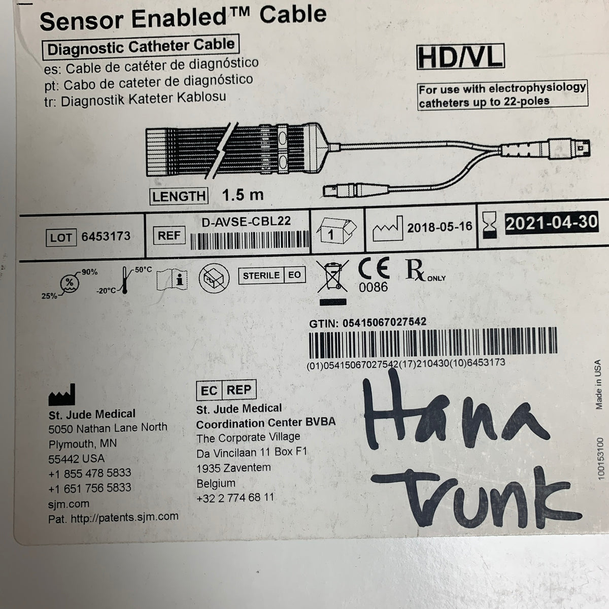 ST JUDE MEDICAL D-AVSE-CBL22 Sensor Enabled Cable Diagnostic Catheter Cable HD VL 1.5 m EXP 2021 04