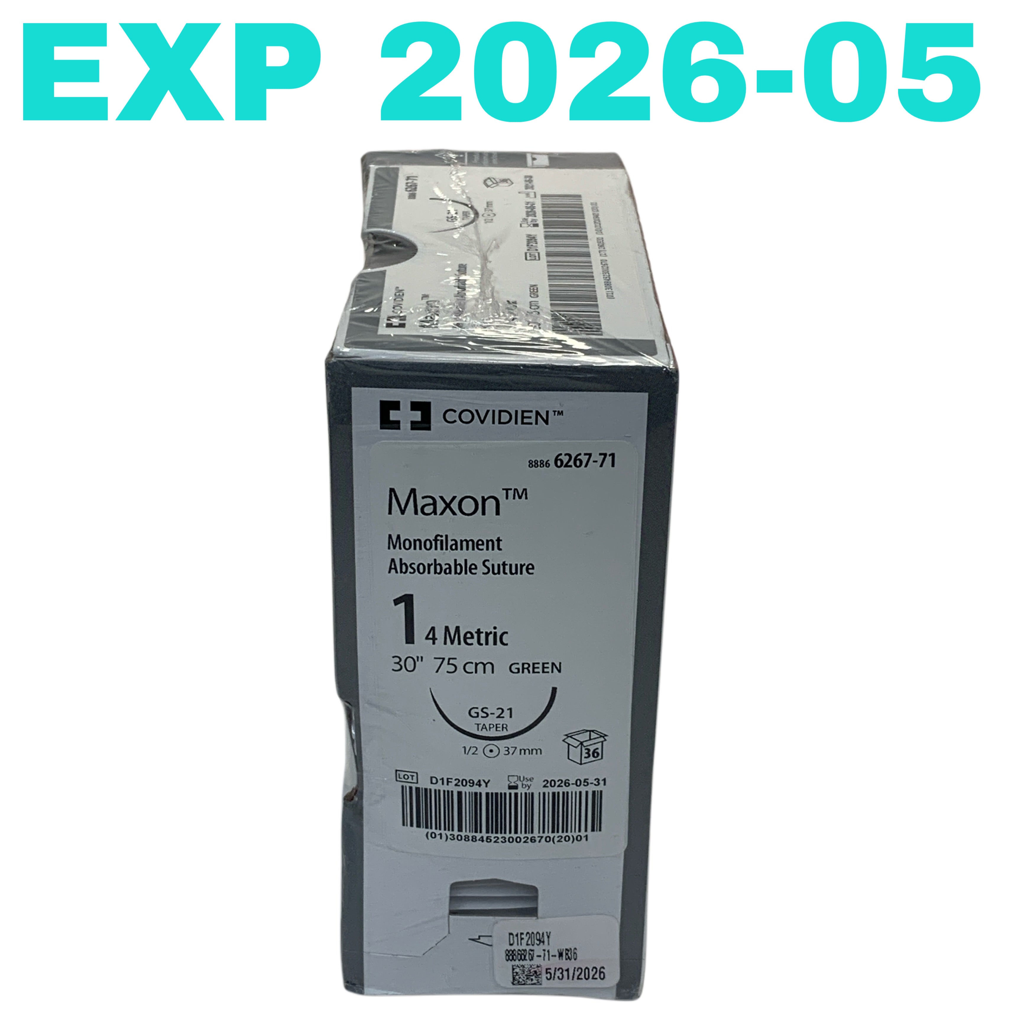 COVIDIEN REF 8886 6267-71 Maxon Monofilament Absorbable Suture Size 1 GS-21 Taper Needle 30" 75cm Green Box of 36, Exp.2026/05