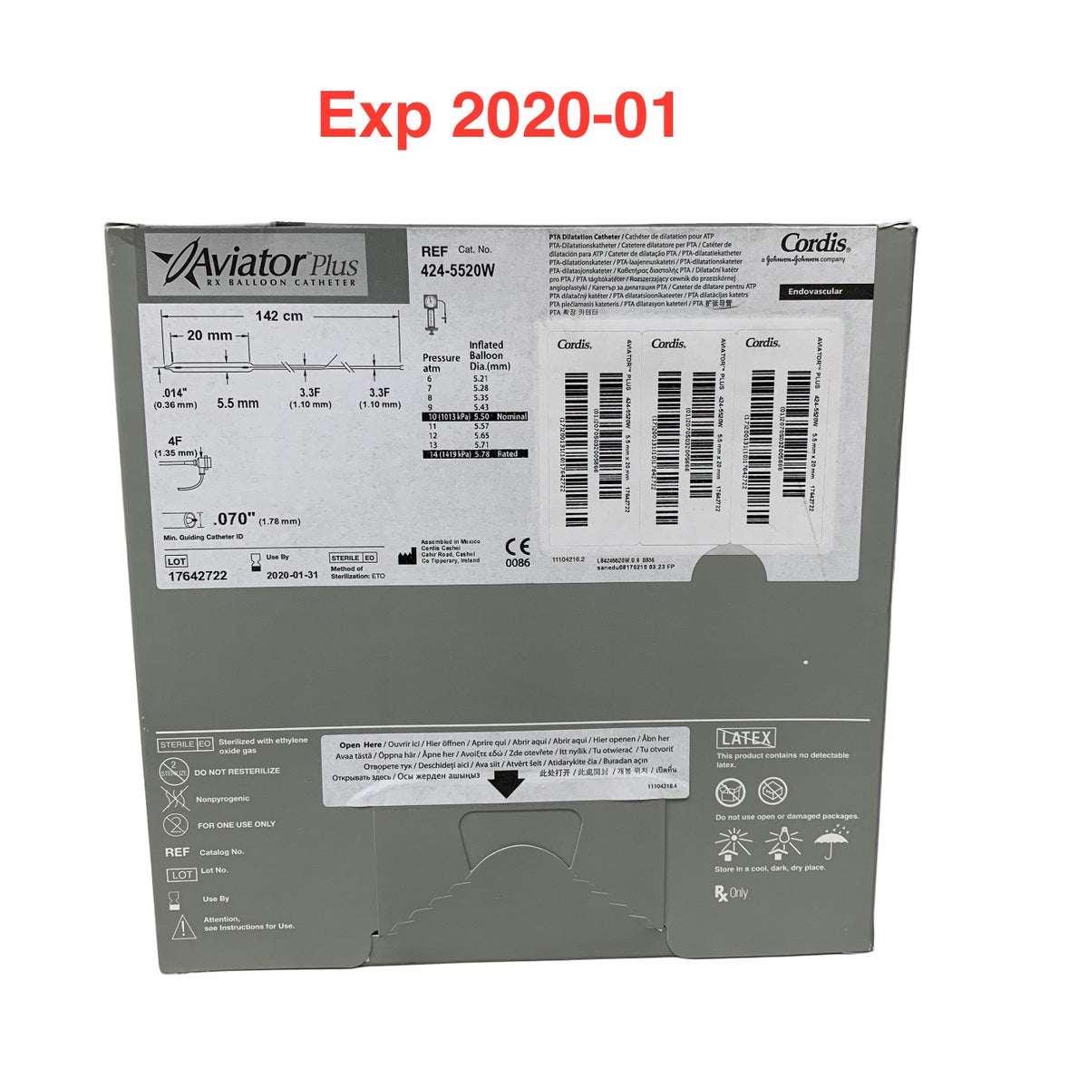 CORDIS 424-5520W Aviator Plus RX Balloon Catheter PTA Dilatation 5.5 x 20 mm 142 cm Exp 2020 01