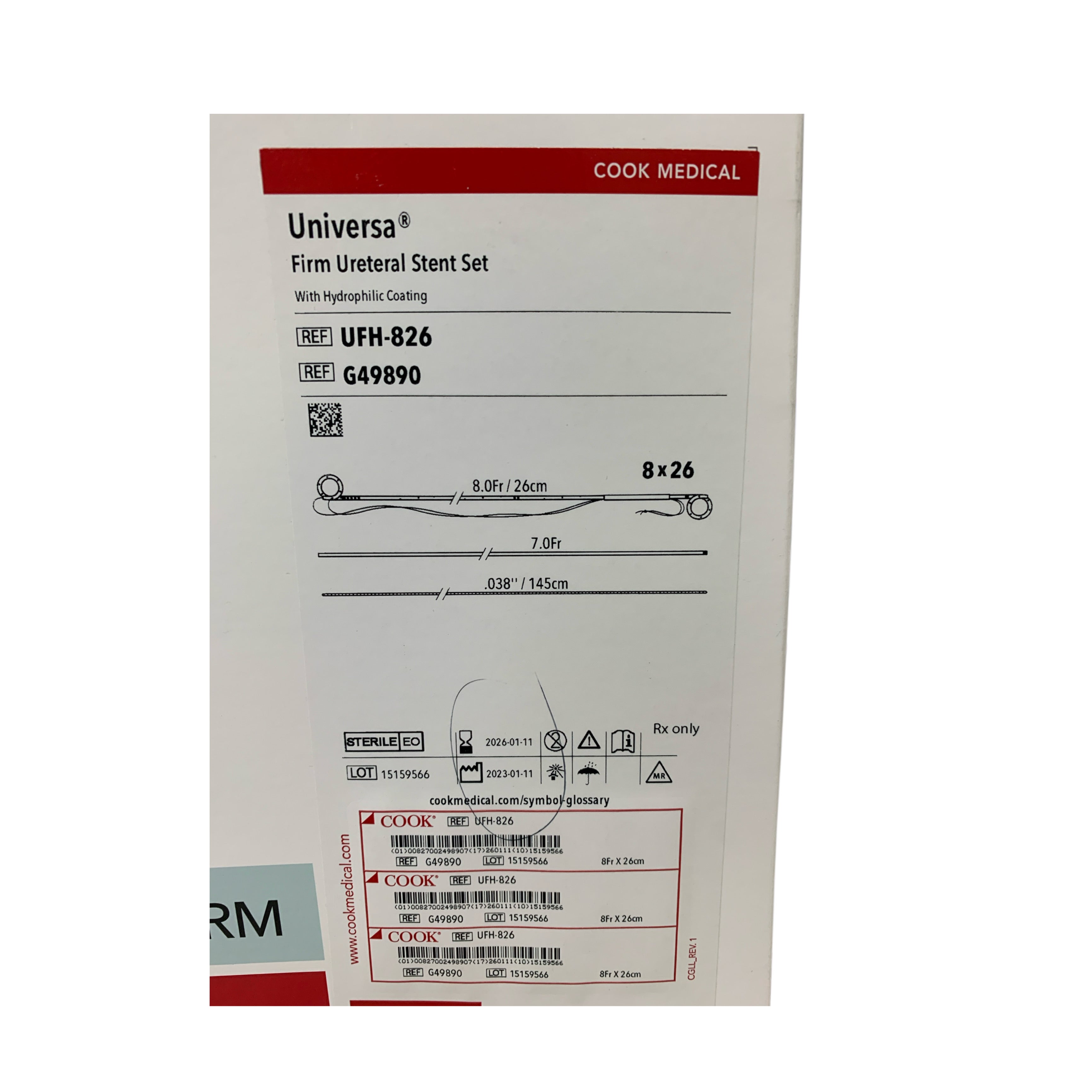 COOK MEDICAL UFH-826 / G49890 Universa Firm Ureteral Stent Set 8Fr x 26cm Exp 2026 01
