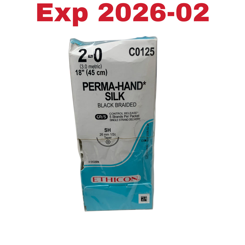 ETHICON REF C0125 Perma-Hand Silk Suture 2-0 Black Braided 18" SH Needle Box of 24, Exp.2026/02