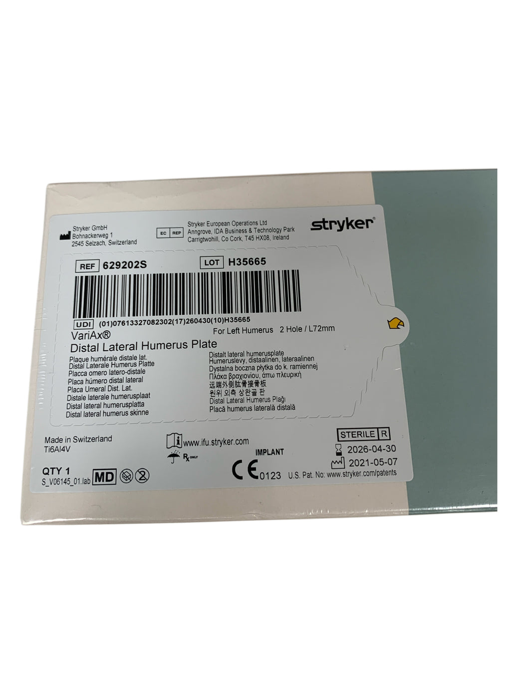 STRYKER REF 629202S VariAx Distal Lateral Humerus Plate, Left 2-Hole / L72mm. Exp.2026/04