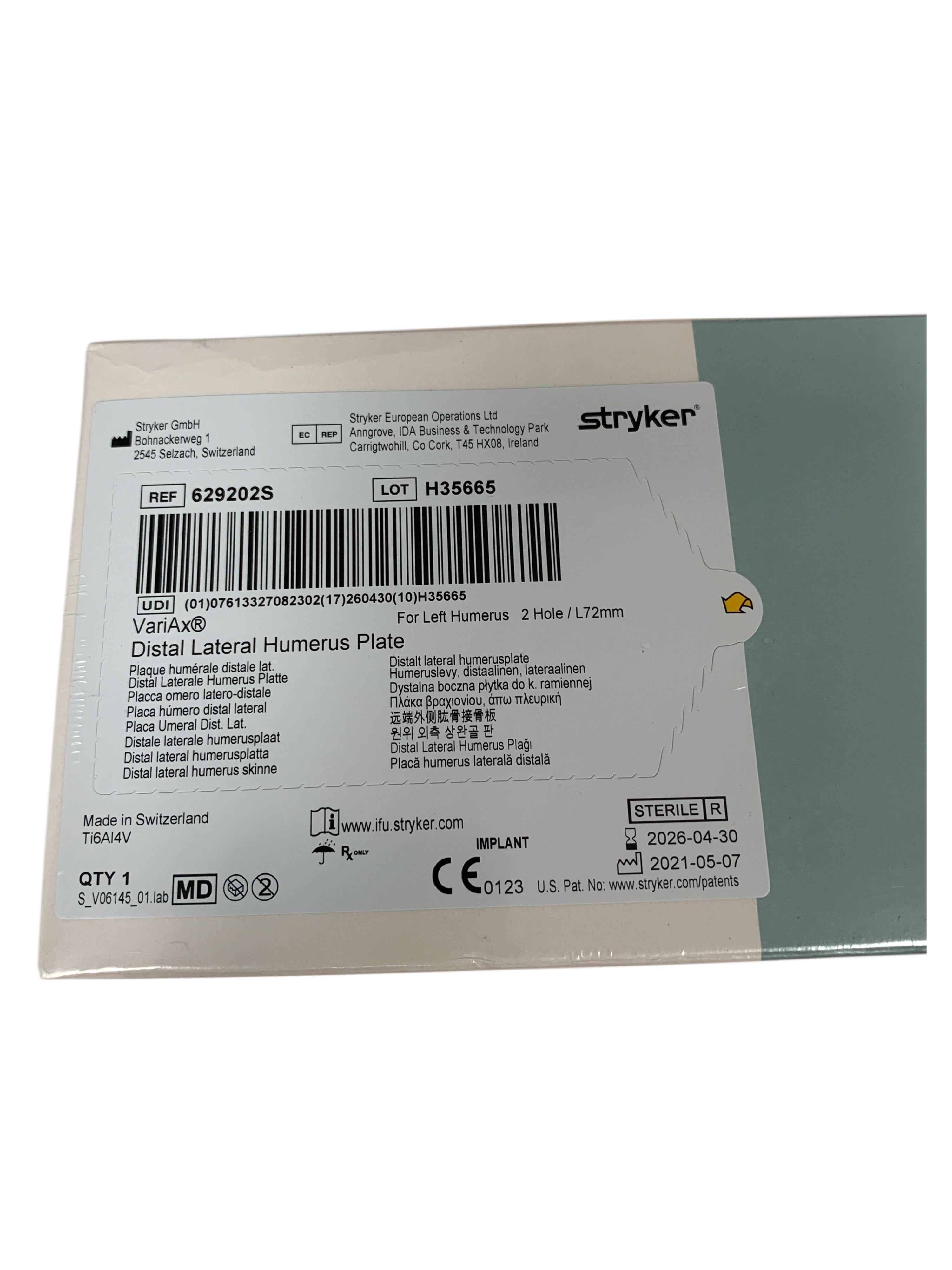 STRYKER REF 629202S VariAx Distal Lateral Humerus Plate, Left 2-Hole / L72mm. Exp.2026/04
