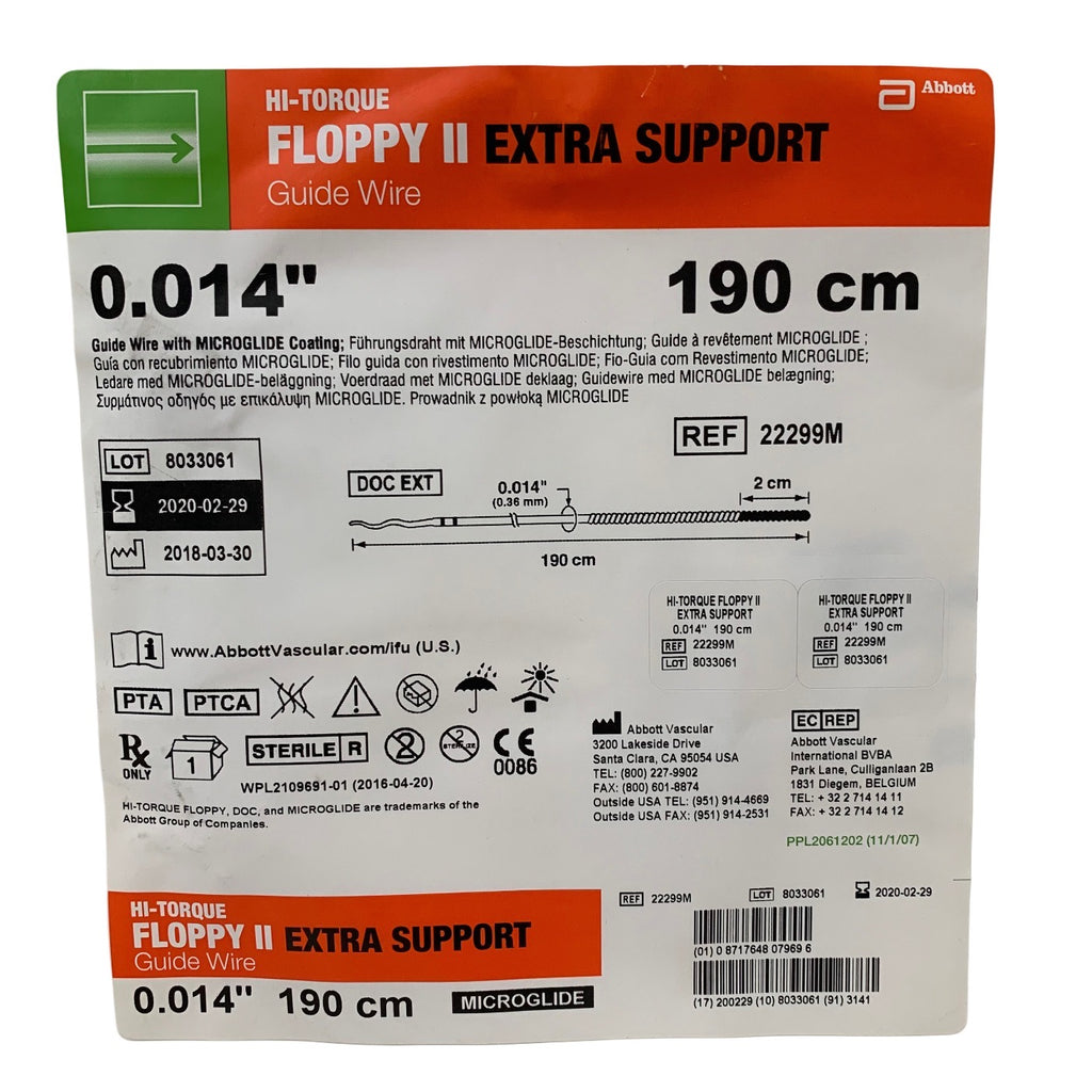 ABBOTT 22299M Hi-Torque Floppy II Extra Support Guide Wire Microglide 0.014in (0.36mm) 190cm Exp 2020 02