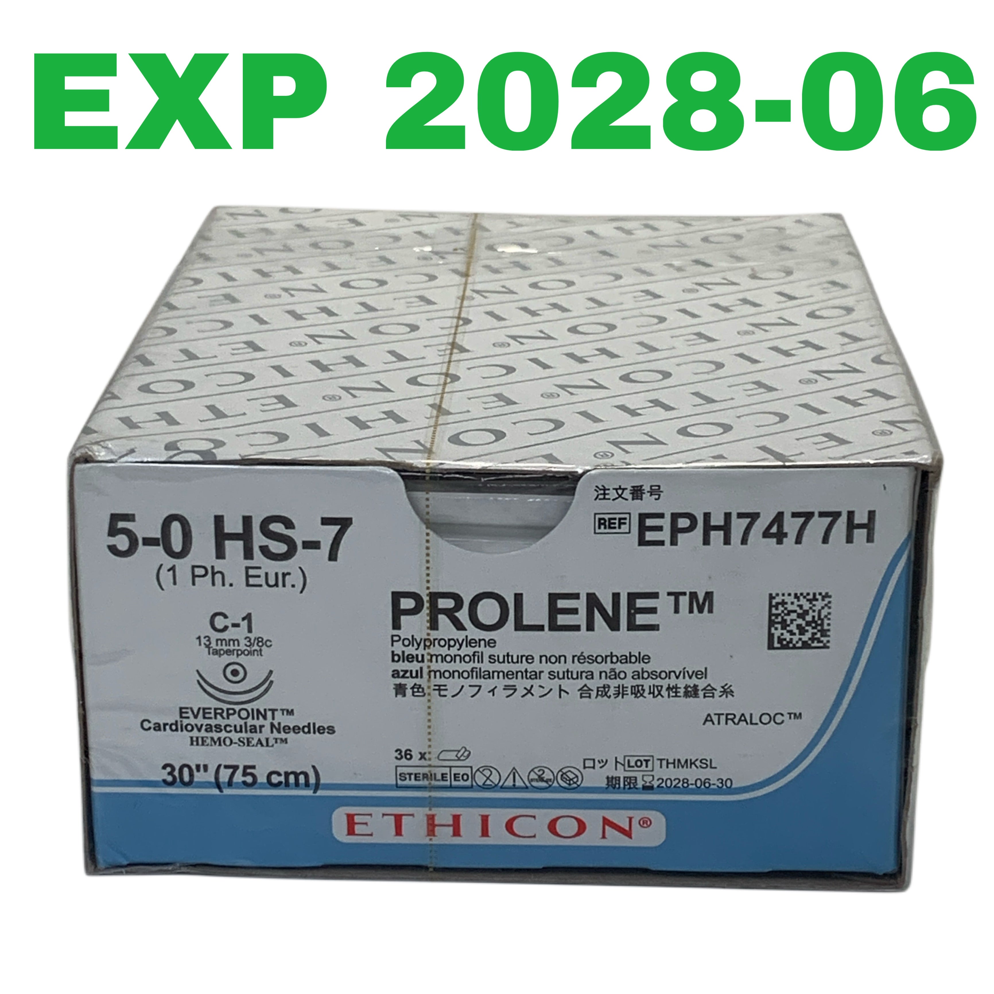 ETHICON REF EPH7477H Prolene 5-0 HS-7 Suture C-1 Cardiovascular Needles 30" (75 cm) Box of 36, EXP.2028-06