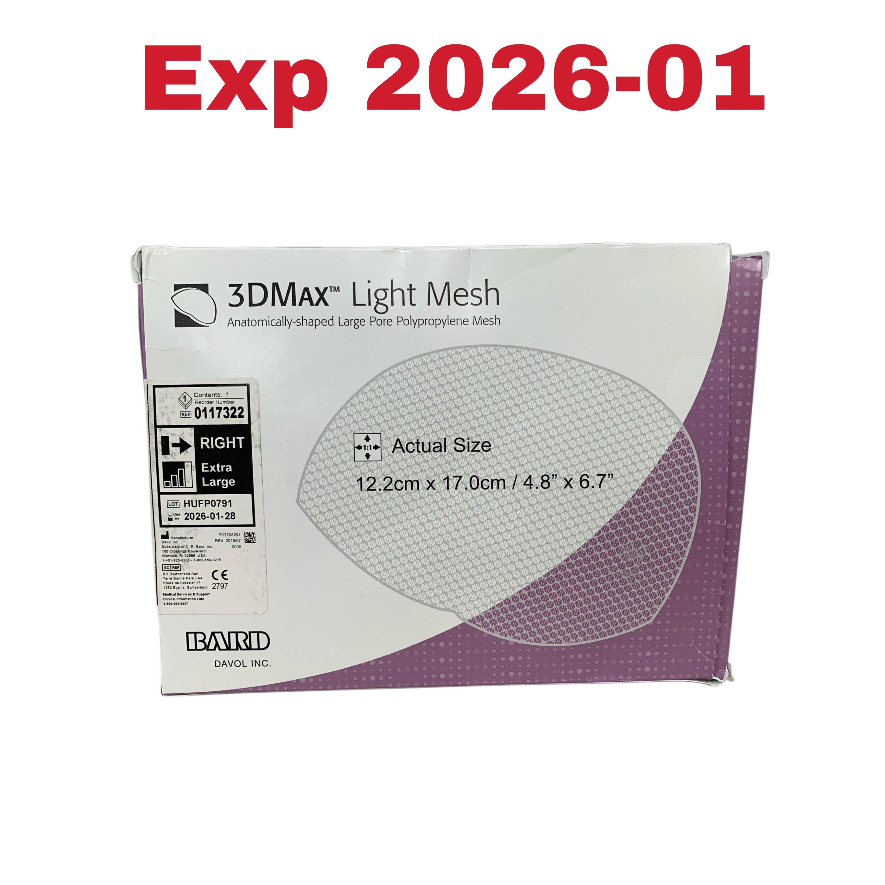 BARD REF 0117322 3DMAX Light Mesh Anatomically-Shaped Large Pore Polypropylene Mesh, Right, Extra Large, 12.2cm x 17.0cm, Exp.2026/01